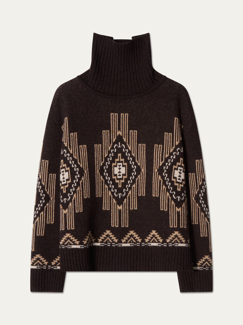 We Norwegians Pioneer Sweater women in a dark brown turtleneck with a tan and white geometric jacquard pattern.