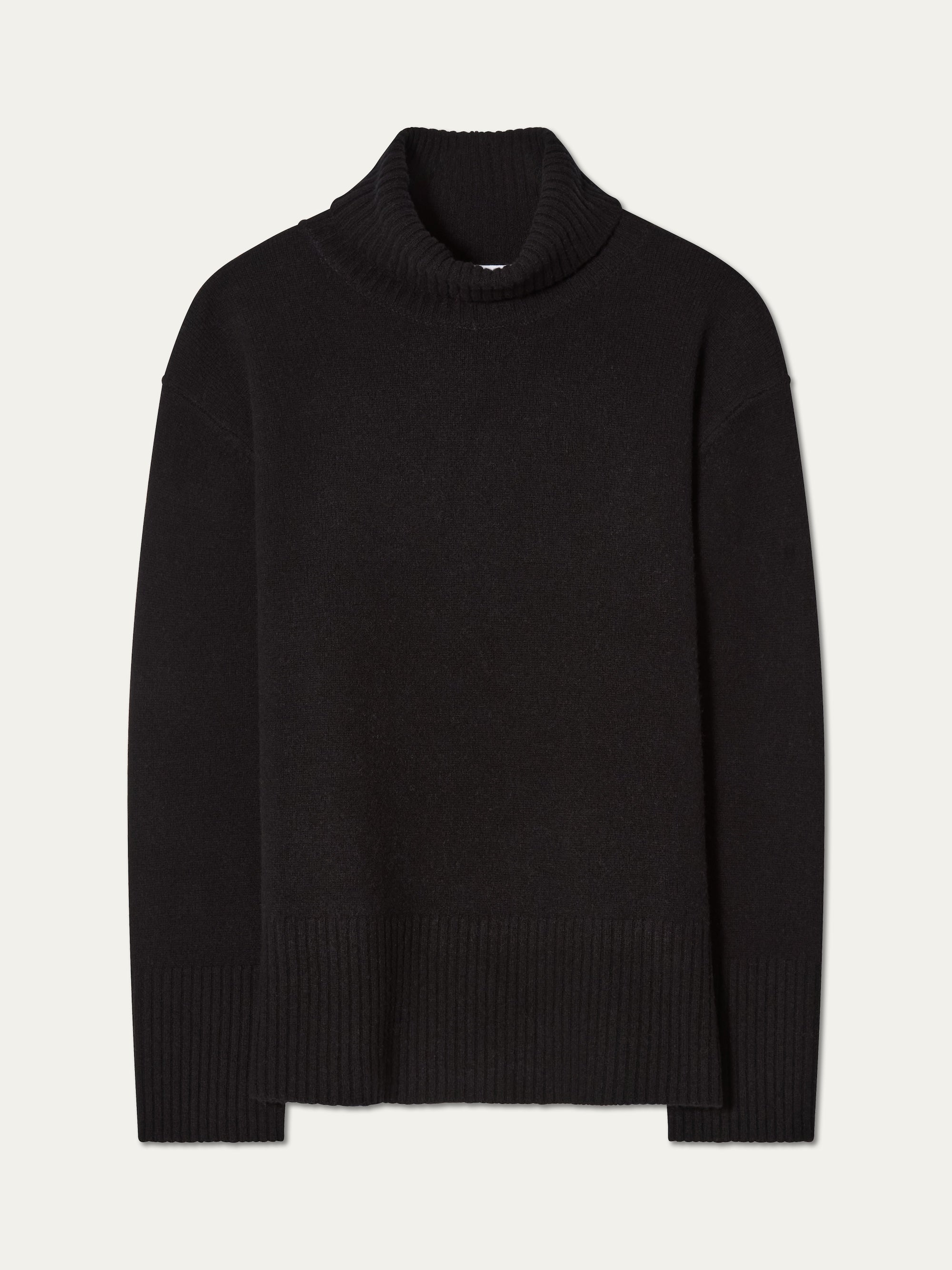 The We Norwegians Geilo BoyFriend Sweater for women is a plain black turtleneck in Extrafine Merino Wool with long sleeves and ribbed cuffs, hem, and neckline, shown on a white background.