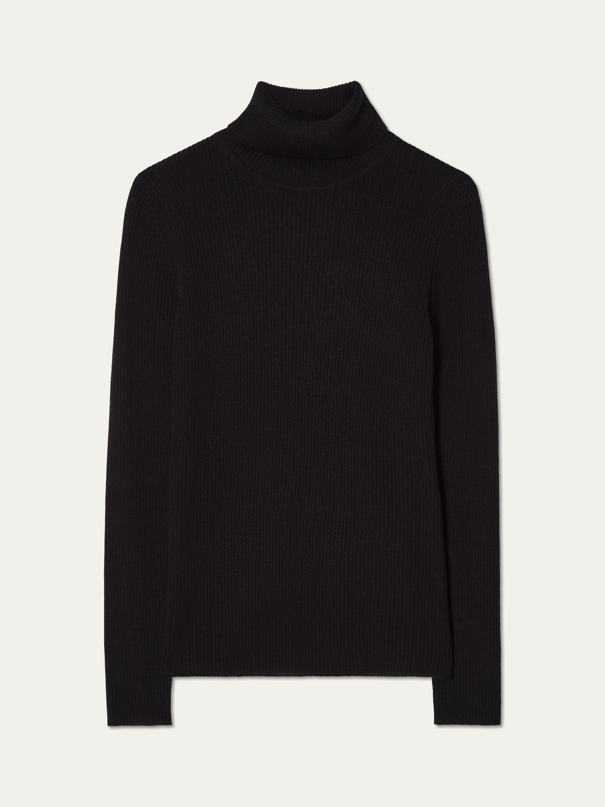 The Geilo TurtleNeck women by We Norwegians, a plain black long-sleeve ribbed top with a roll neck collar, is displayed against a white background.