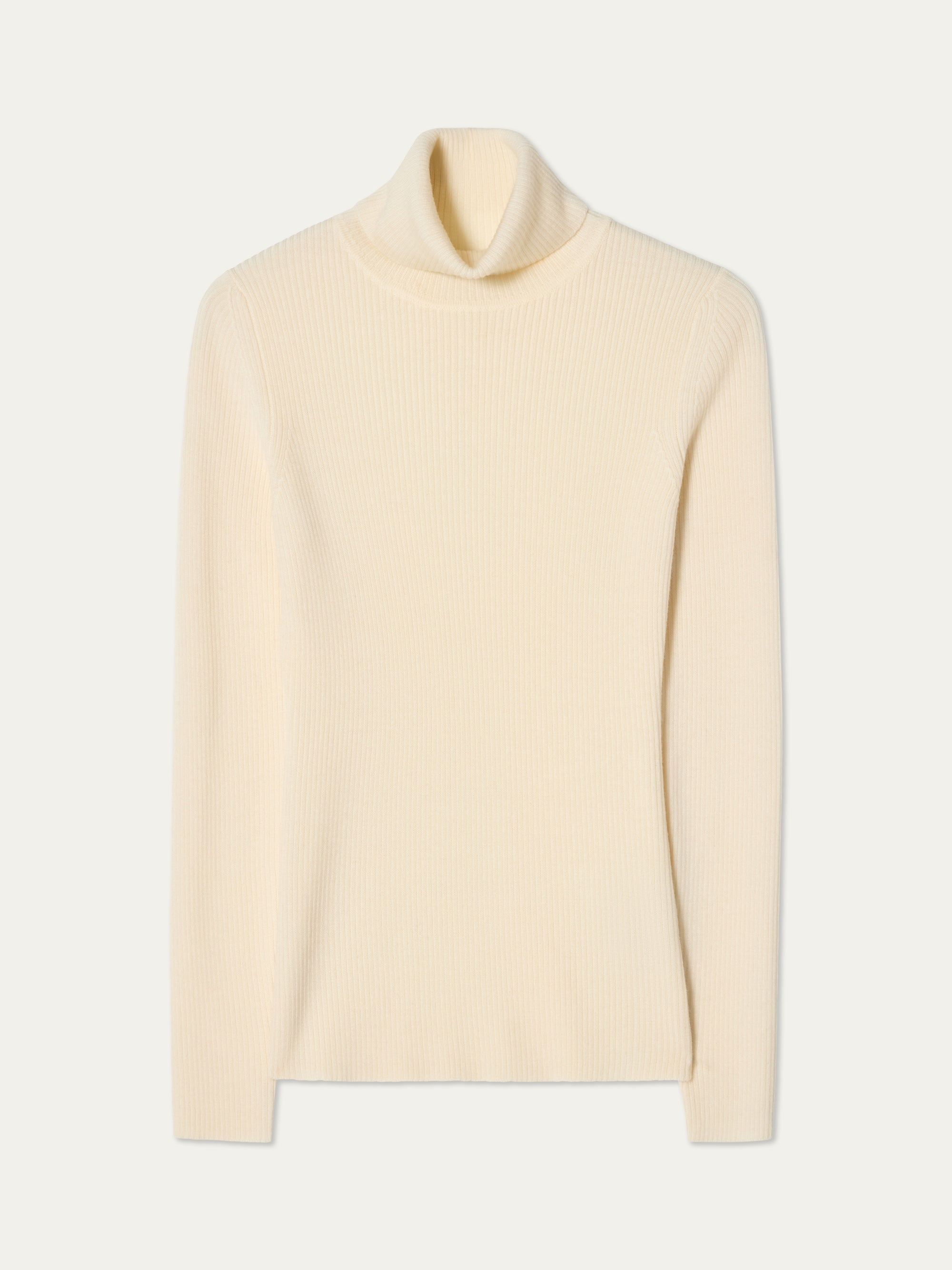 The Geilo TurtleNeck Women by We Norwegians is a cream-colored, ribbed knit sweater featuring long sleeves and a roll neck collar, shown laid flat on a neutral background.