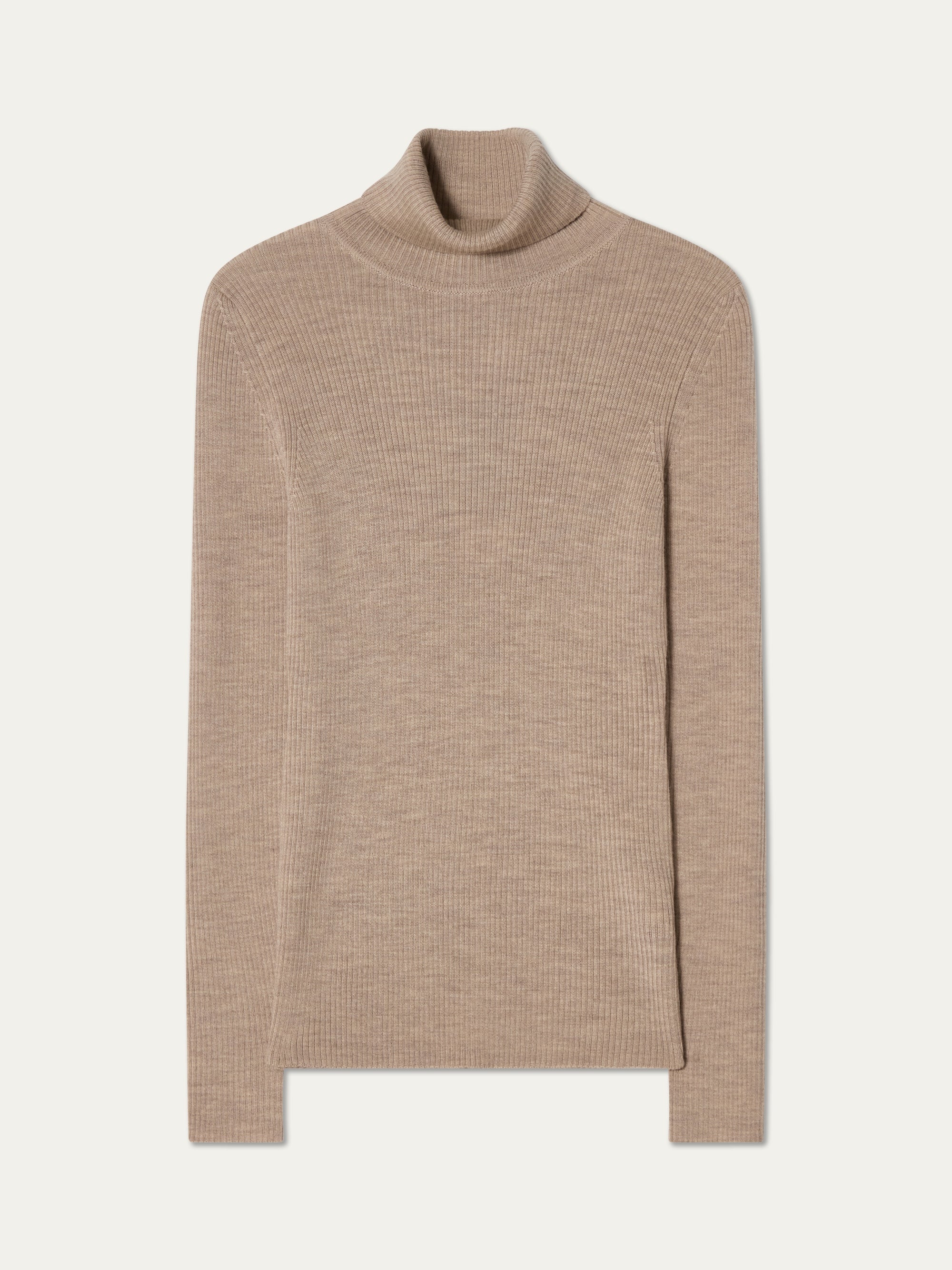 The Geilo TurtleNeck women by We Norwegians is a beige, long-sleeve ribbed top with a roll neck collar, shown laid flat against a light background.