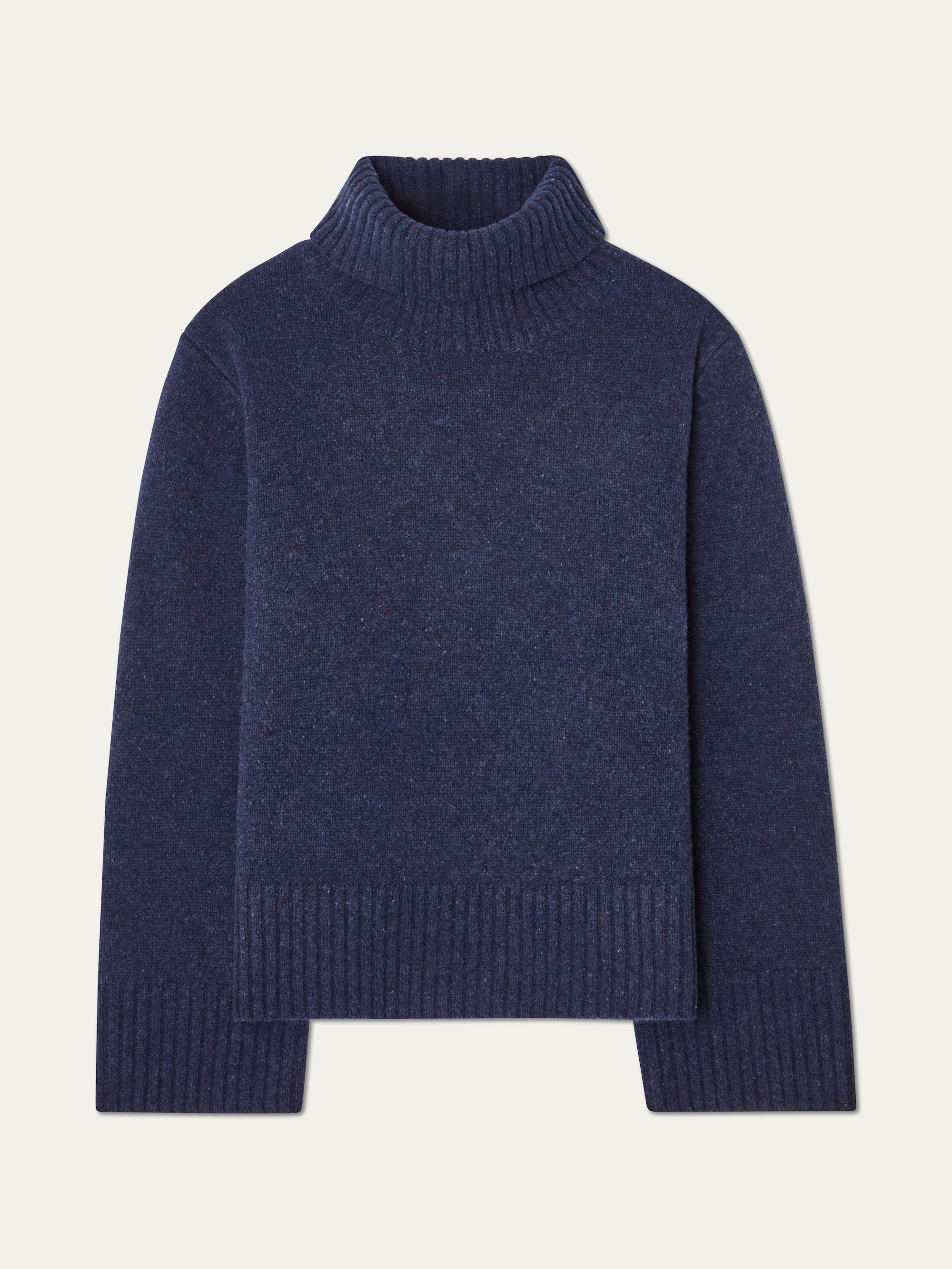 The We Norwegians Highland Sweater for women is a navy blue, long-sleeve turtleneck made from Extra Fine Merino Wool with ribbed collar, cuffs, and hem, shown on a plain white background.