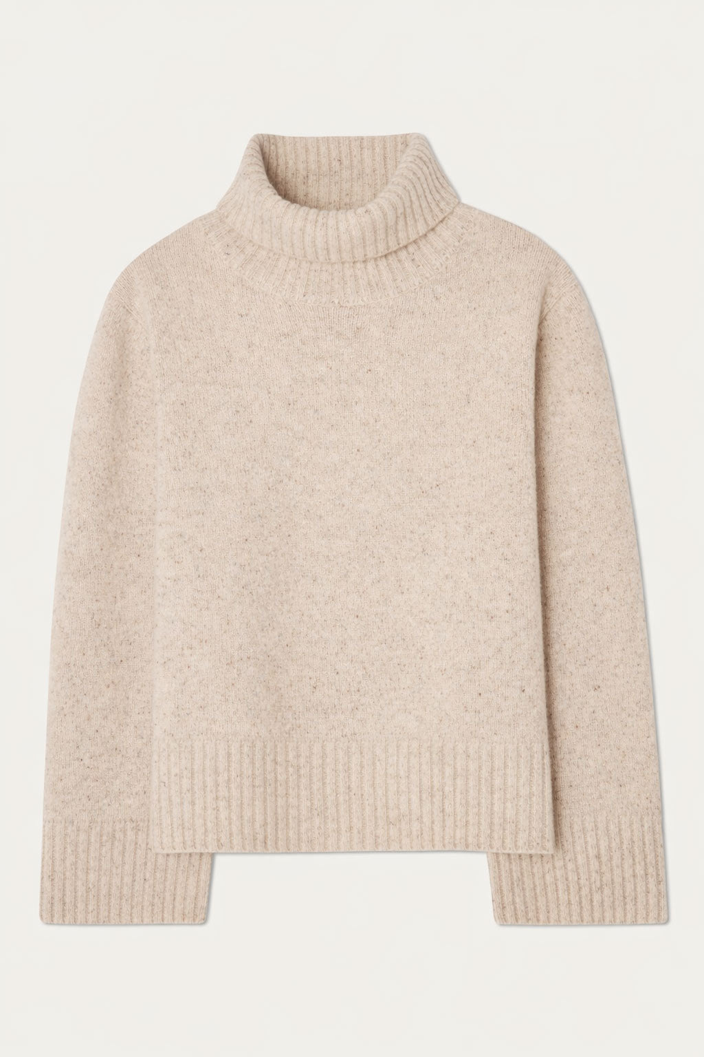 The We Norwegians Highland Sweater for women is a beige, long-sleeved Merino wool top with ribbed turtleneck collar, cuffs, and hem. RWS certified. Displayed flat on a white background.