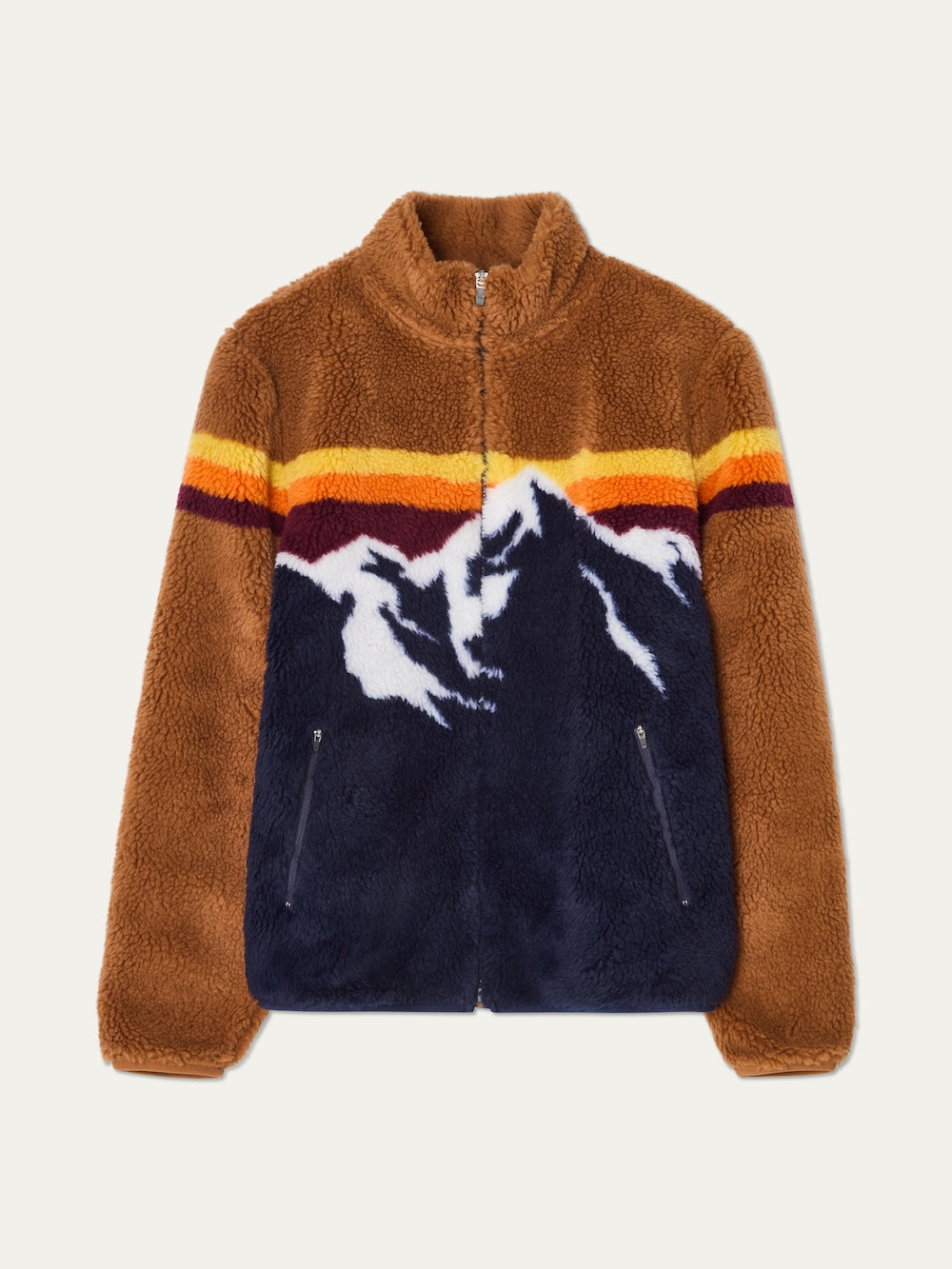 The We Norwegians Snowmass Jacket men features a fuzzy wool-blend pile, zip front, brown top, orange and yellow horizontal stripe, navy blue bottom, and a white mountain design on the front.