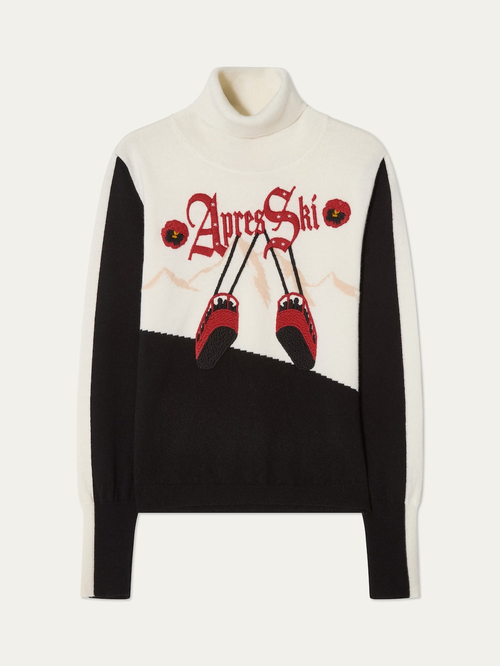 The WN x Markarian Aprés Ski Sweater for women by We Norwegians is a black and white intarsia knit turtleneck with "Apres Ski" in red, plus red ski shoes and mountain outlines on the front. Limited edition—style meets warmth.