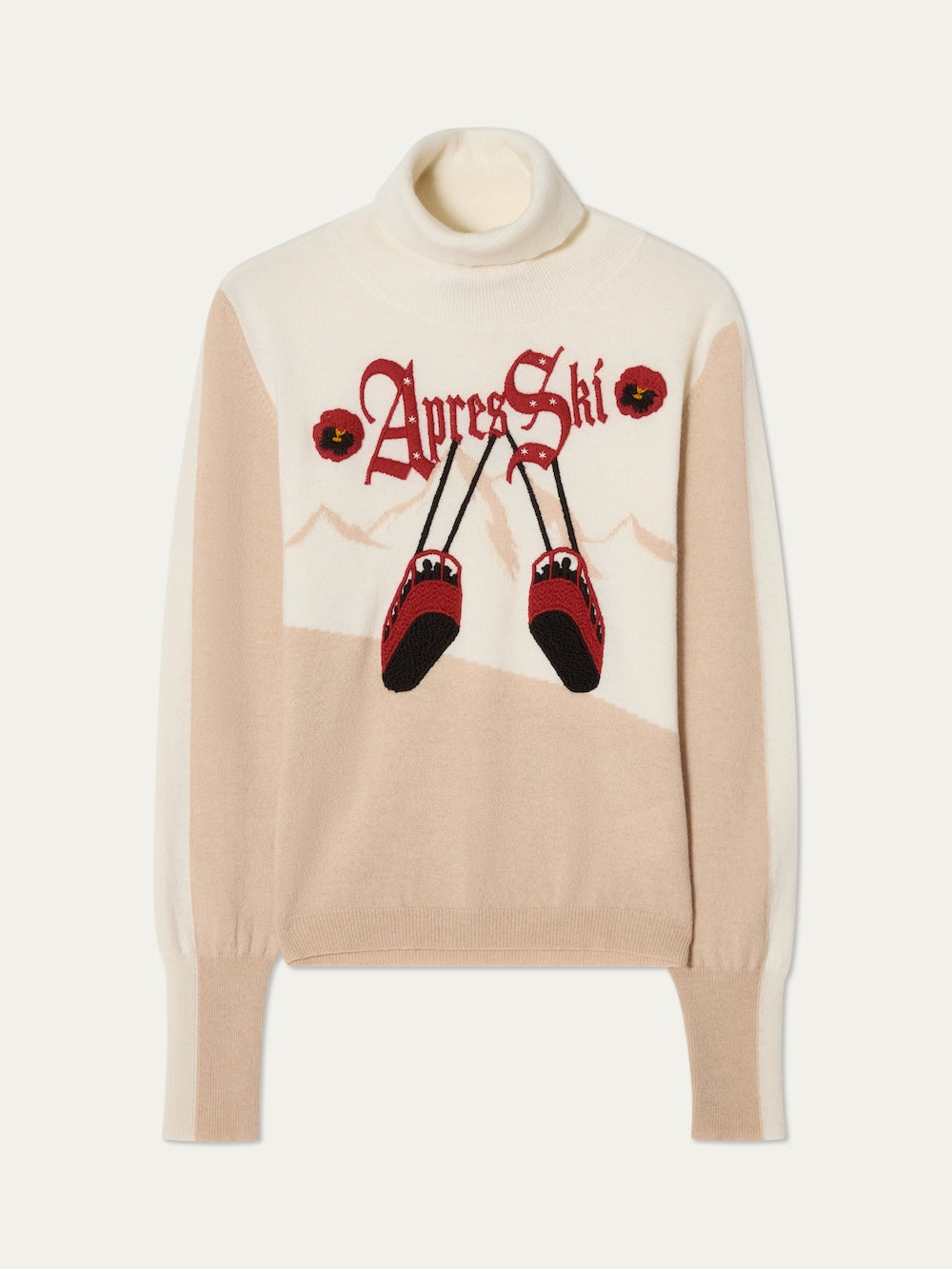 The WN x Markarian Aprés Ski Sweater by We Norwegians is a cream and beige limited edition women's knit with long sleeves, featuring "Apres Ski," mountain outlines, red flowers, and crossed red skis with black tips.