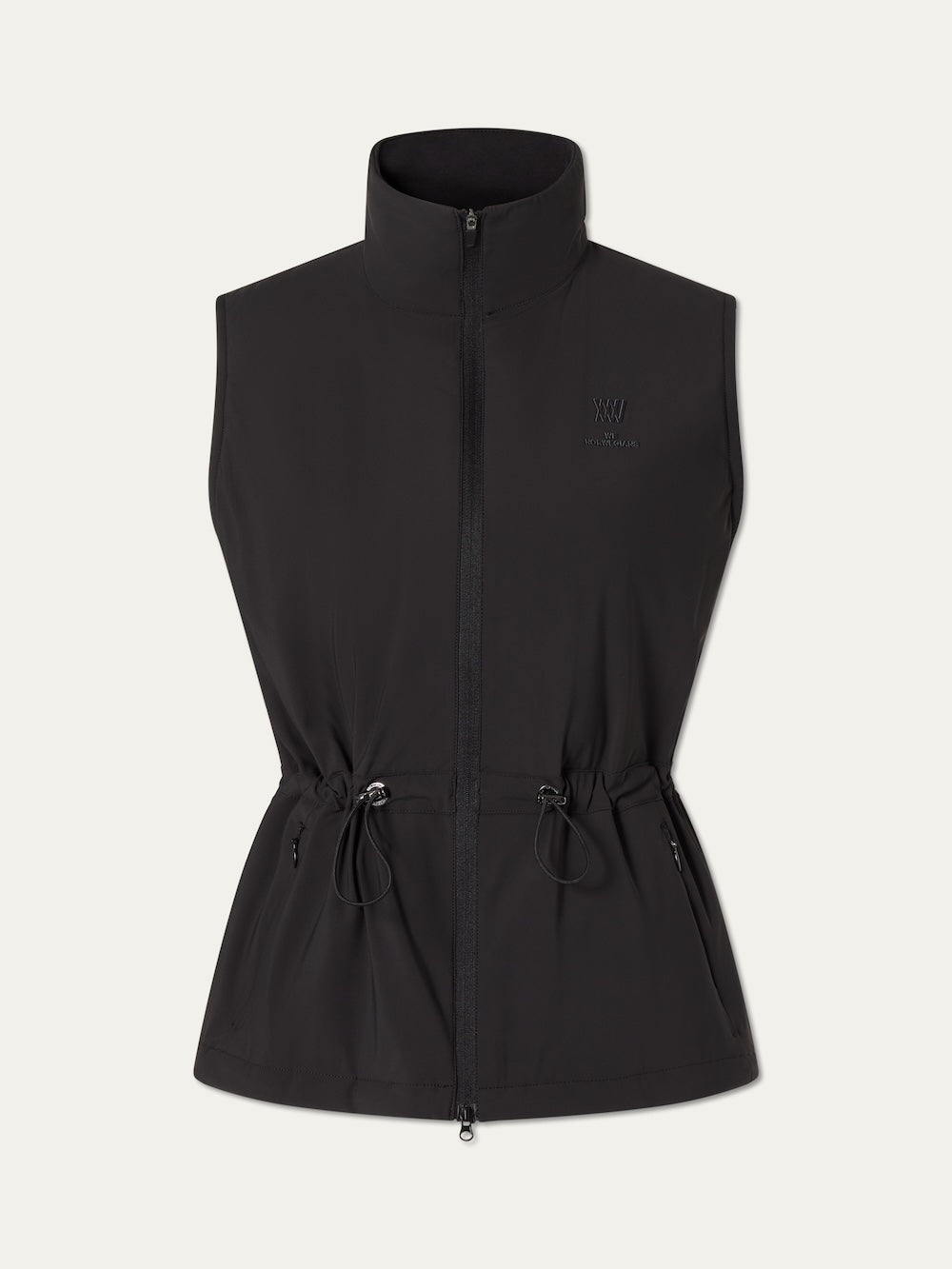 The We Norwegians Albatross Vest Women is a lightweight black golf vest with a high collar, front zipper, adjustable waist drawstrings, water-repellent fabric, zippered side pockets, and a subtle logo on the left chest.