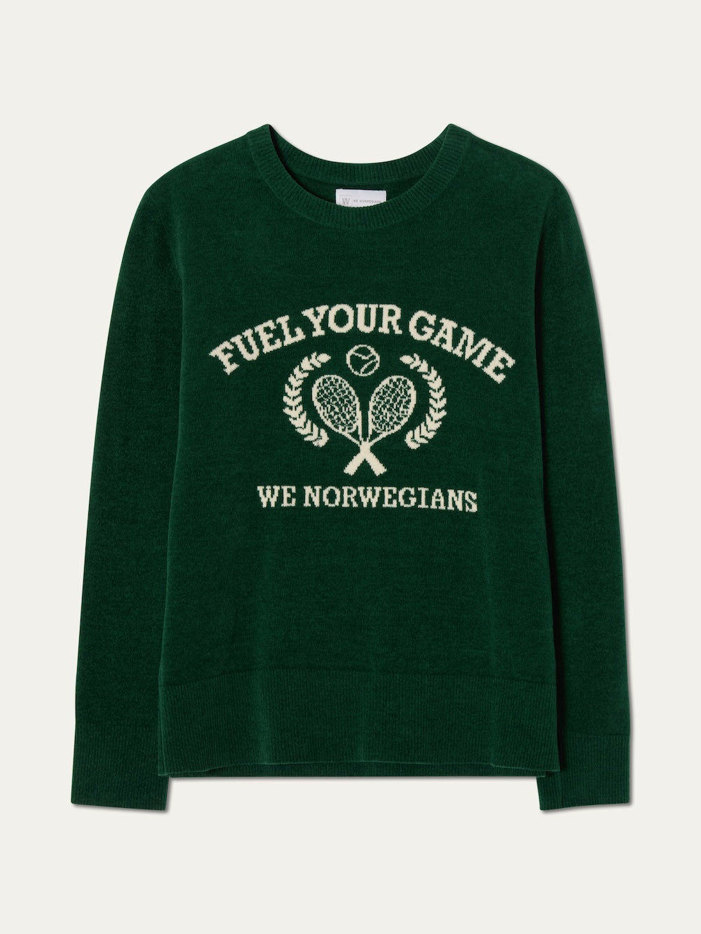 The Deuce Chenille Sweater Women by We Norwegians is a dark green cotton chenille sweater made in Italy, featuring “FUEL YOUR GAME” and “WE NORWEGIANS” in white and an intarsia tennis motif with crossed rackets at the center.