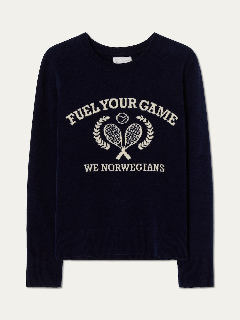 The Deuce Chenille Sweater Women by We Norwegians is a navy cotton chenille sweater featuring "FUEL YOUR GAME" above crossed tennis rackets, a ball, laurel branches, and "WE NORWEGIANS" below. Made in Italy.
