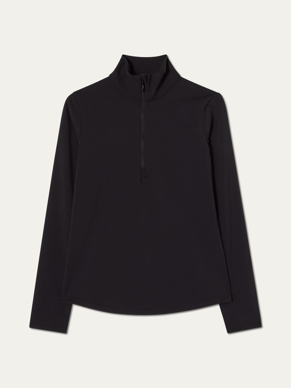 Black long-sleeve top with a quarter zip on a light background