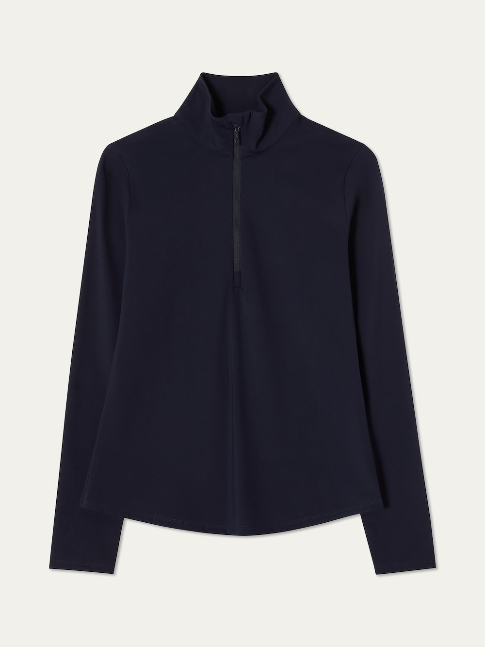 Navy blue long-sleeve top with a high collar on an off white background