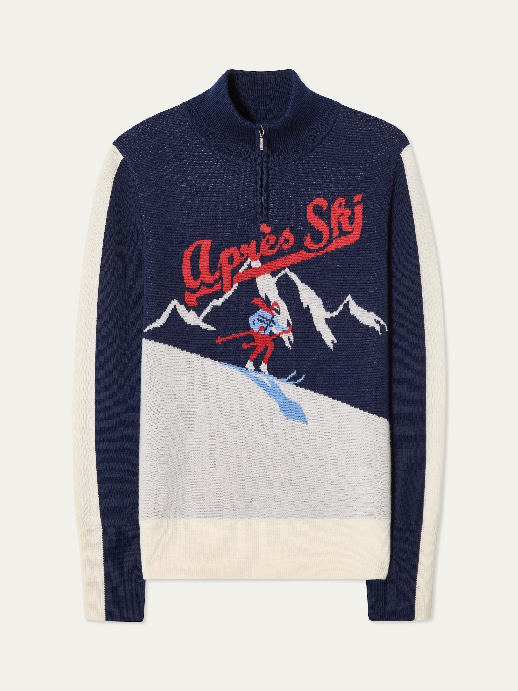 We Norwegians | FW25 | Womens Afterski ZipUp_Navy Blue | A mid-weight knit quality sweater with a front 1/4th zipper opening with a unique design on the chest and contrasting panels on the sleeves | Shot against an off-white background