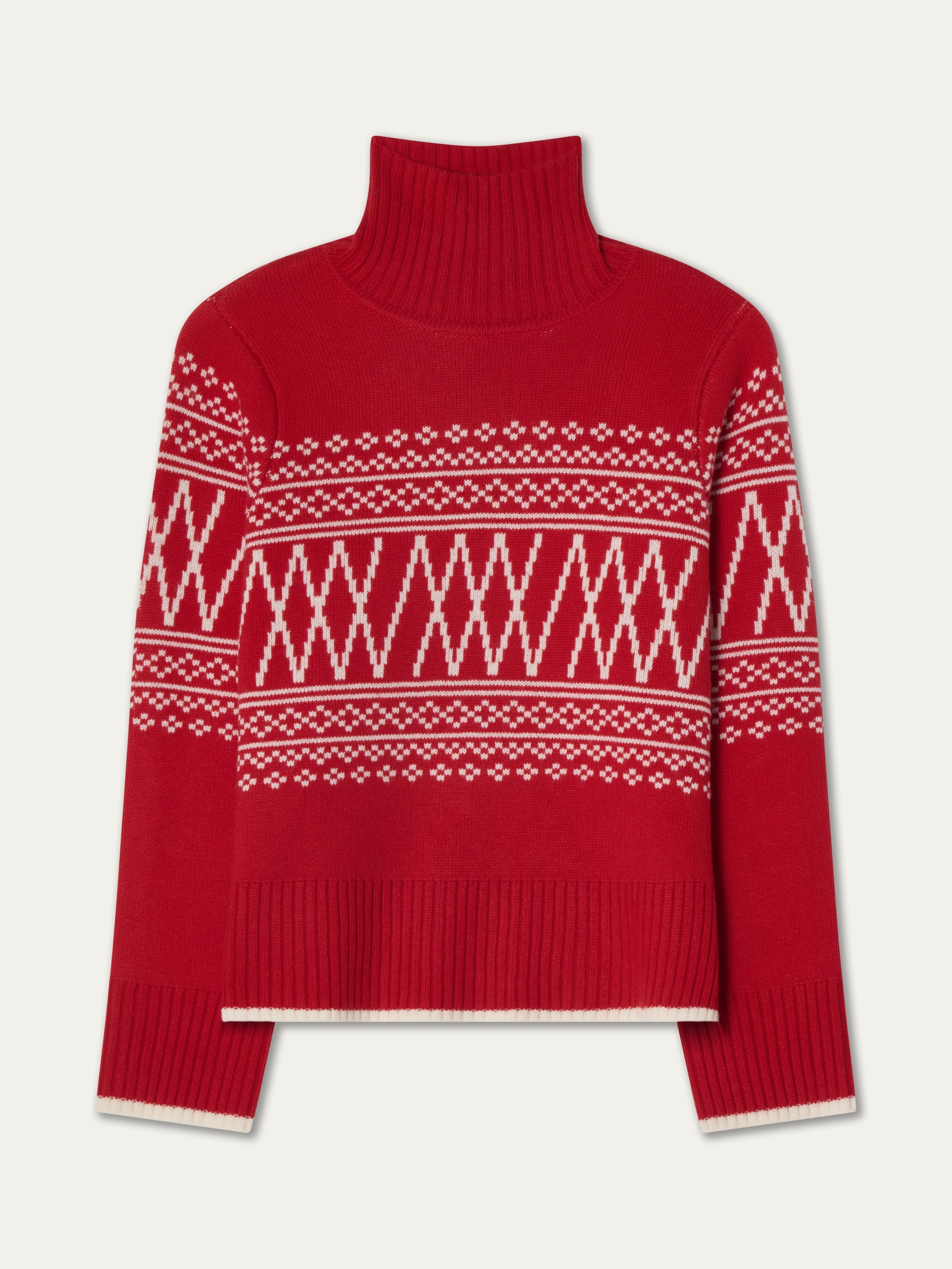 The We Norwegians Setesdal Pullover women’s sweater features classic Norwegian-inspired white geometric and diamond patterns on a red base, with ribbed cuffs, hem, and collar for a cozy winter style.