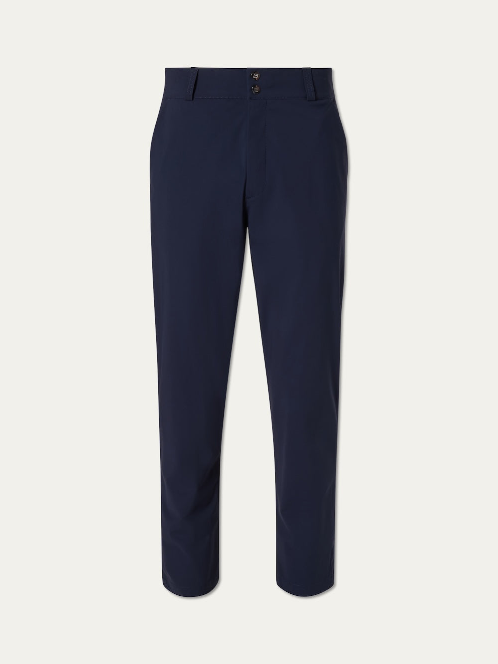 The We Norwegians Albatross Pant Men is a pair of navy blue straight-leg trousers in breathable 4-way stretch fabric, with a front zipper, double waistband buttons, and side pockets, shown against a plain white background.