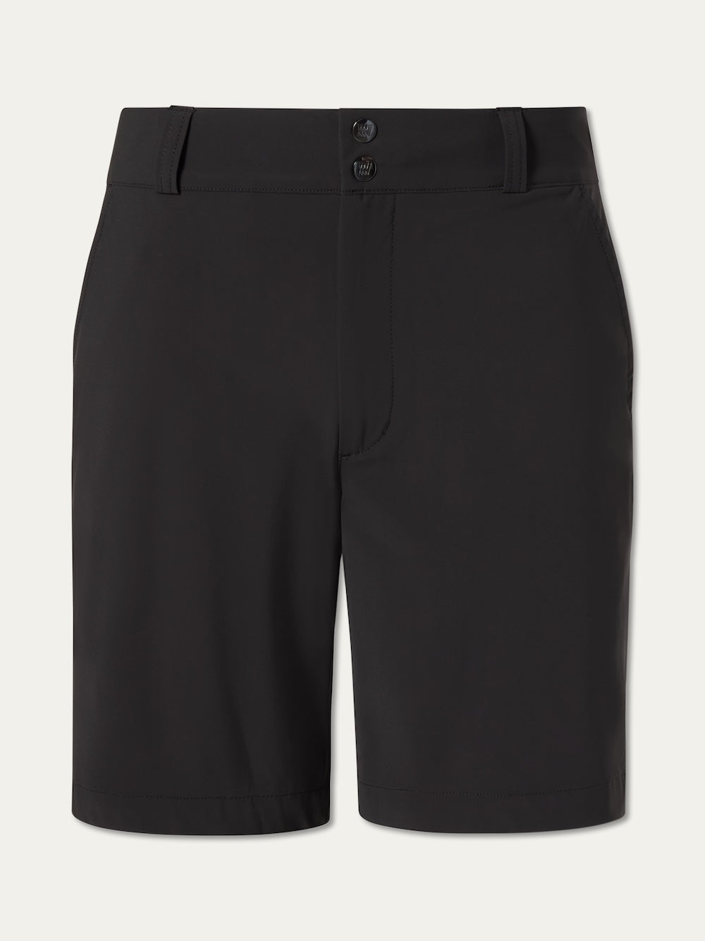 The Albatross Shorts Men by We Norwegians are black golf shorts featuring belt loops, a front zipper, and dual waistband buttons. Made from breathable stretch fabric, they're shown against a plain light background.
