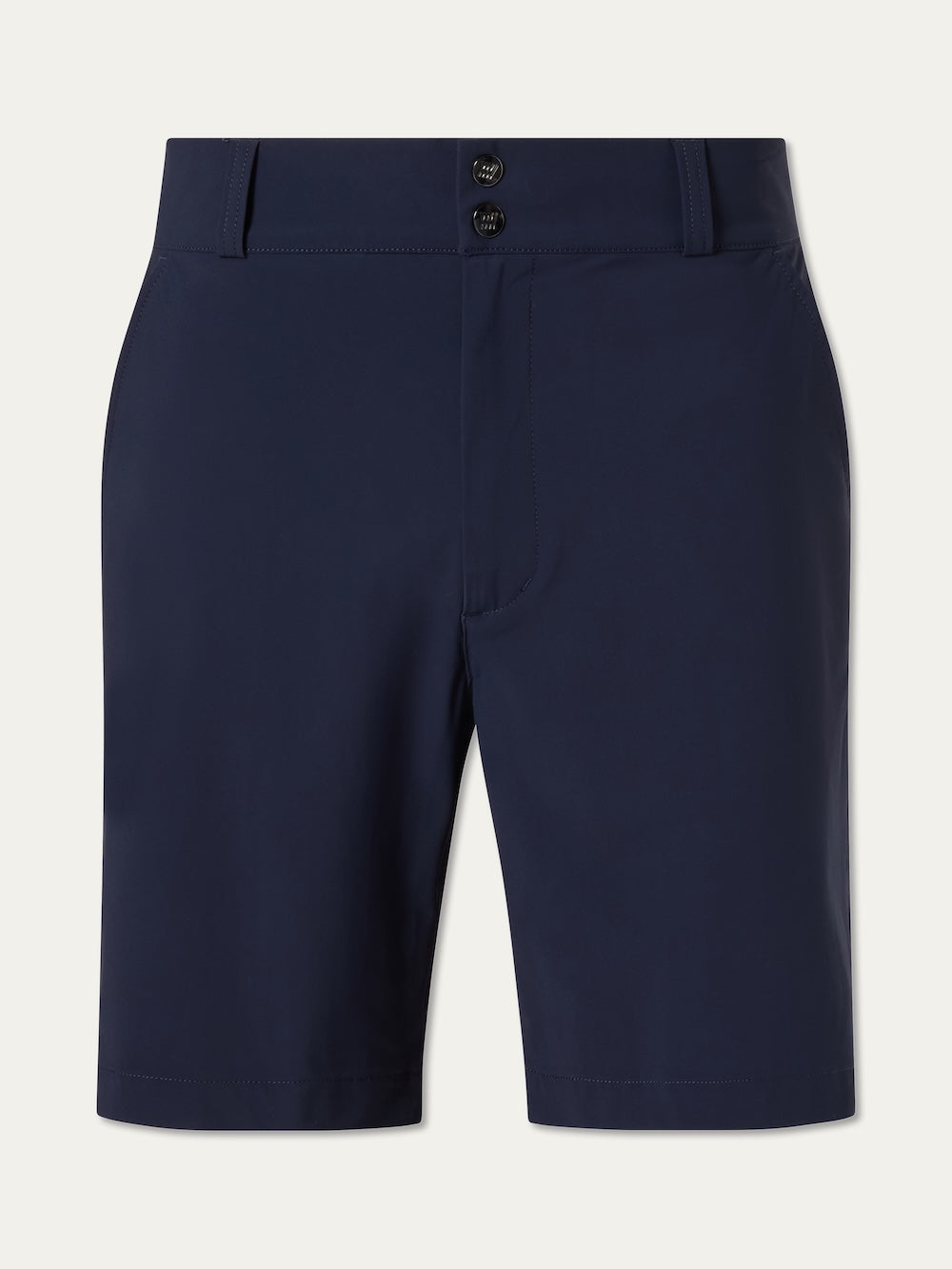 The We Norwegians Albatross Shorts Men are navy blue golf shorts with a double-button closure, belt loops, breathable stretch fabric, and side pockets, shown against a plain light background.