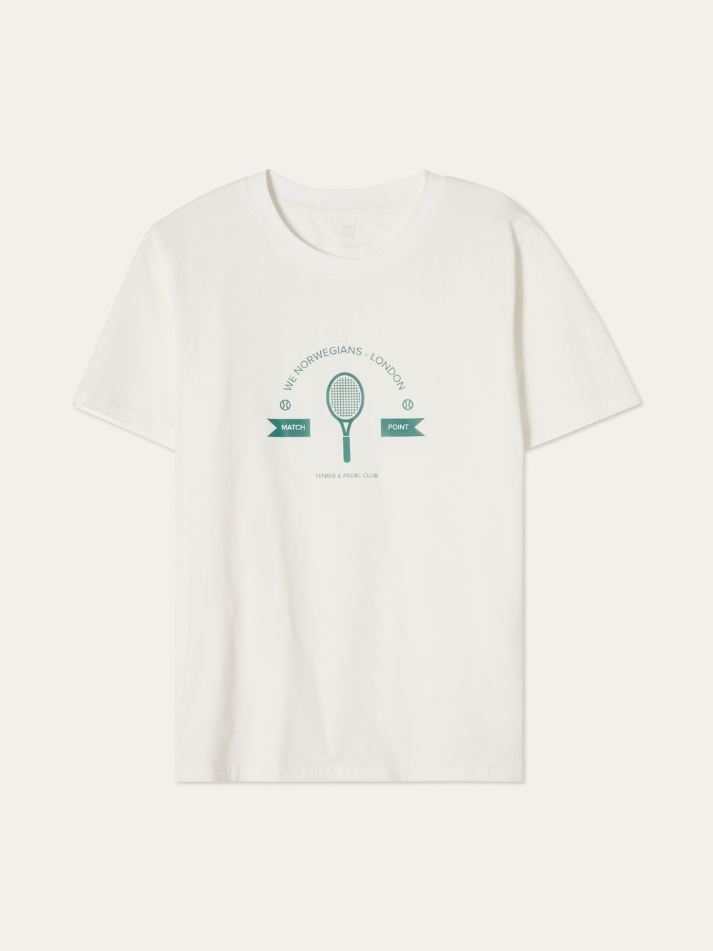 The We Norwegians Love Tee Men is a white vintage-style cotton T-shirt featuring a green racquet and tennis balls graphic with "MATCH POINT Tennis & Padel Club LES NORWEGIANS • LONDON," inspired by retro tennis posters.