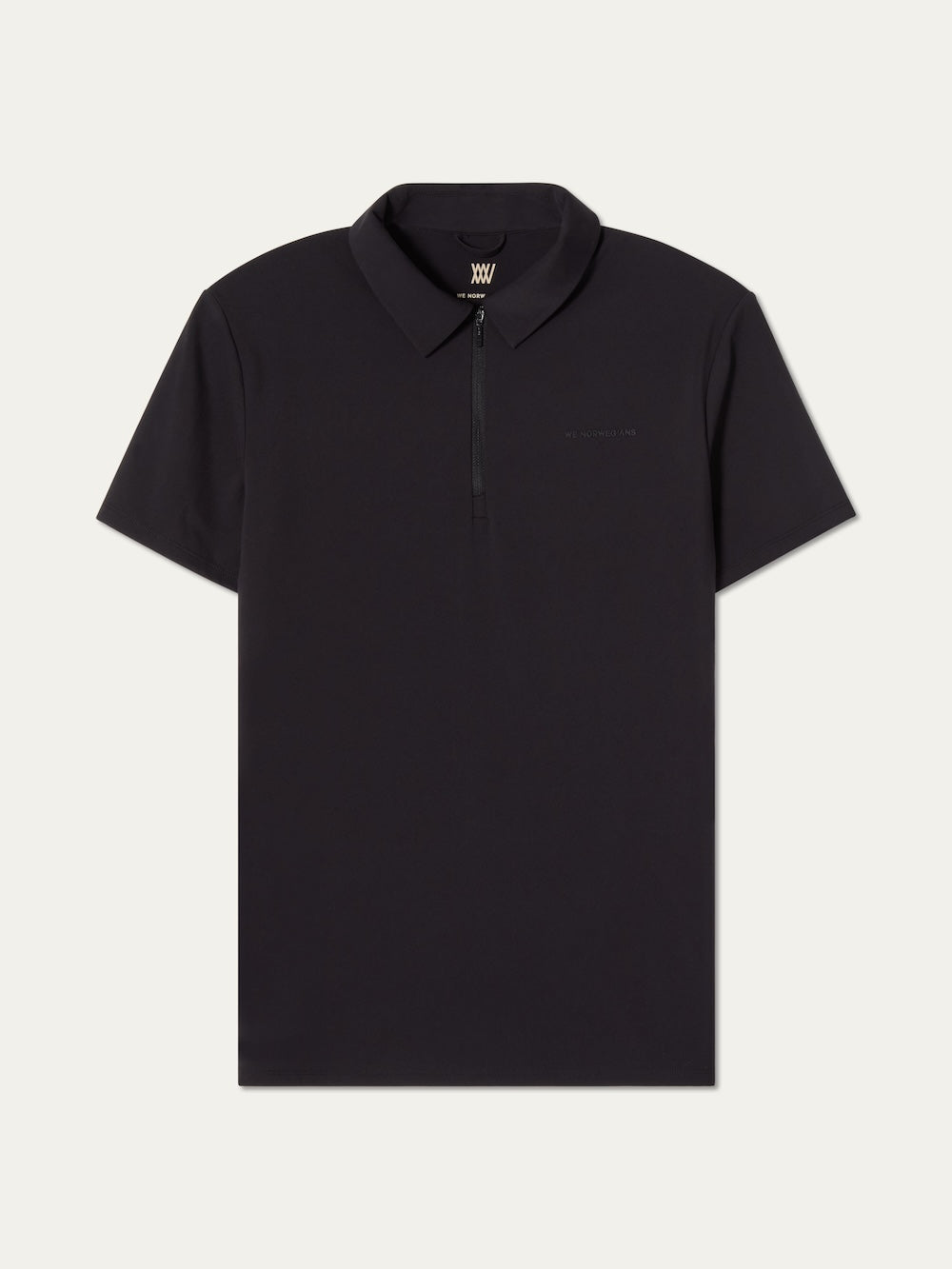 The We Norwegians Honor Zipped Polo Men is a black, short-sleeve golf polo with a collar and partial front zipper, made from high-performance fabric and shown against a plain light background.