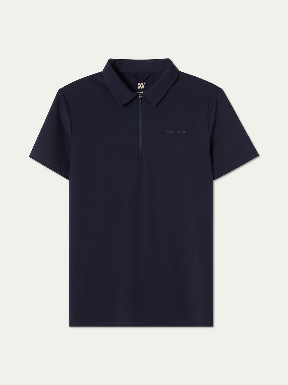 The We Norwegians Honor Zipped Polo Men is a navy blue, short-sleeve performance polo with a sleek zipper collar, made from high-performance fabric and shown flat on a plain white background.