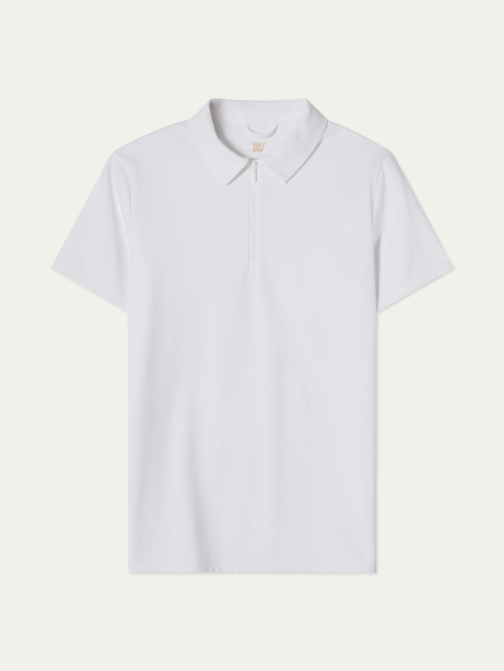 The We Norwegians Honor Zipped Polo Men is a plain white, short-sleeve performance polo with a collar and concealed zipper placket, made from high-performance fabric and shown on a white background.
