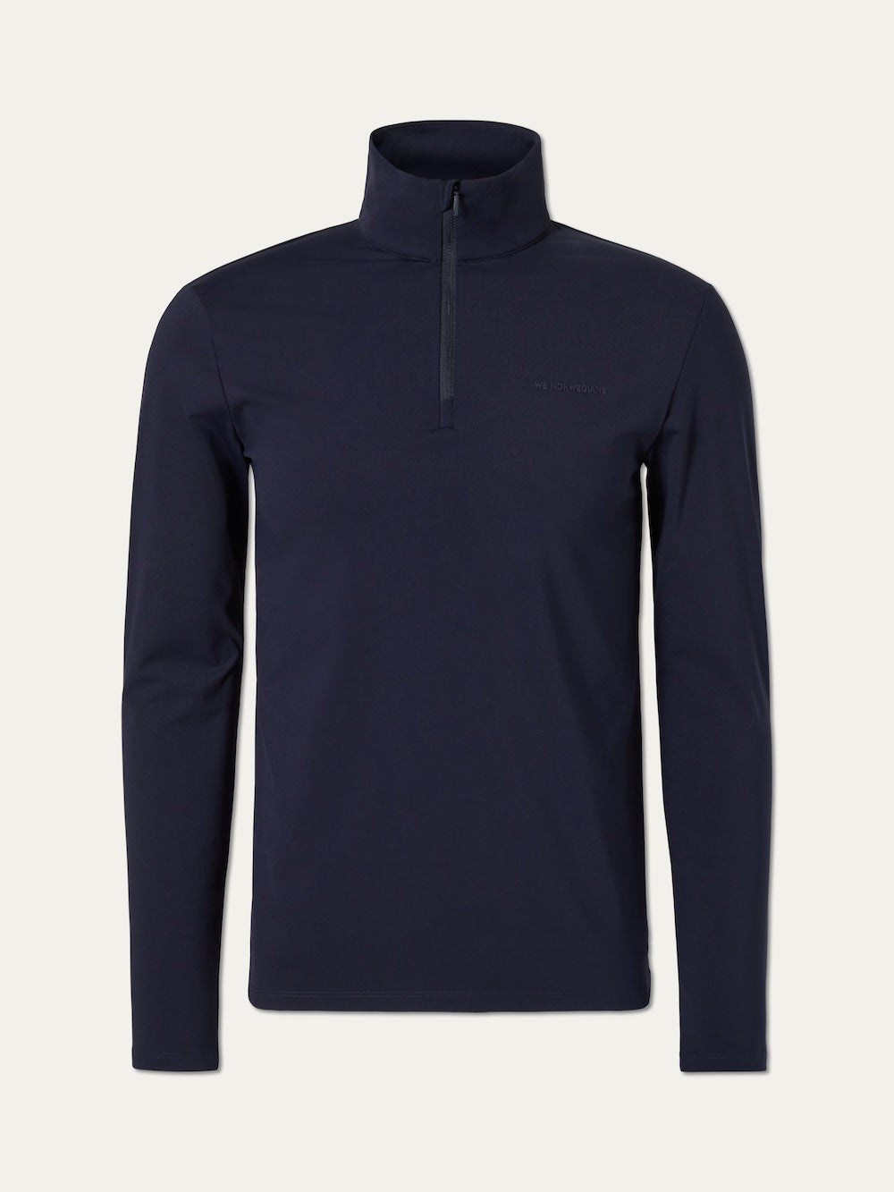 The We Norwegians Honor Zipped Long Sleeve Men, shown against a plain white background, is a navy blue pullover designed as a versatile mid-layer, featuring a quarter-zip front and a stand-up collar.
