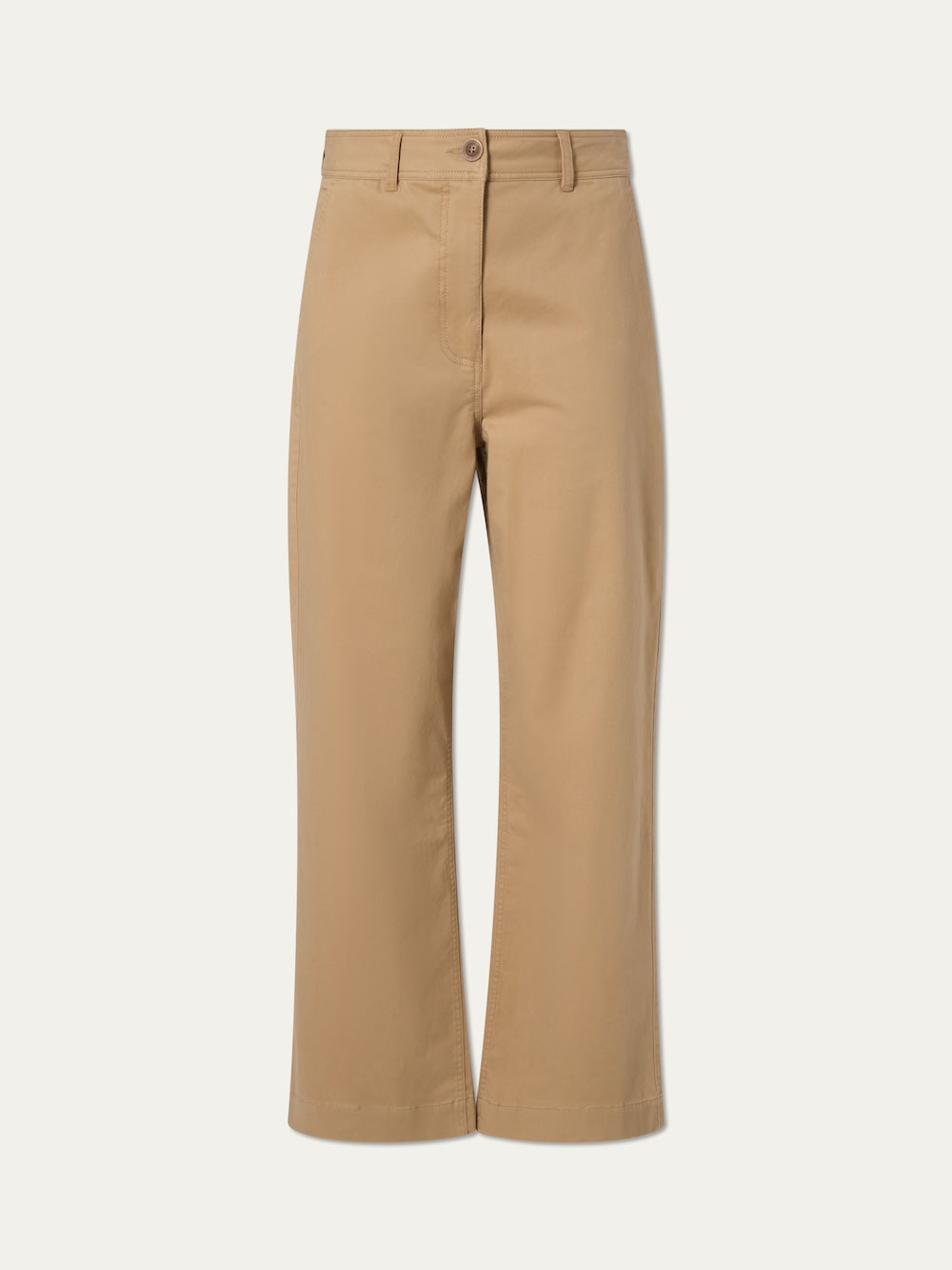 The Sol Pant Women by We Norwegians are tan, high-waisted pants inspired by vintage sailor trousers, with button and zipper closure, front pockets, and a minimal design. Made from a comfy cotton blend and shown on a plain white background.