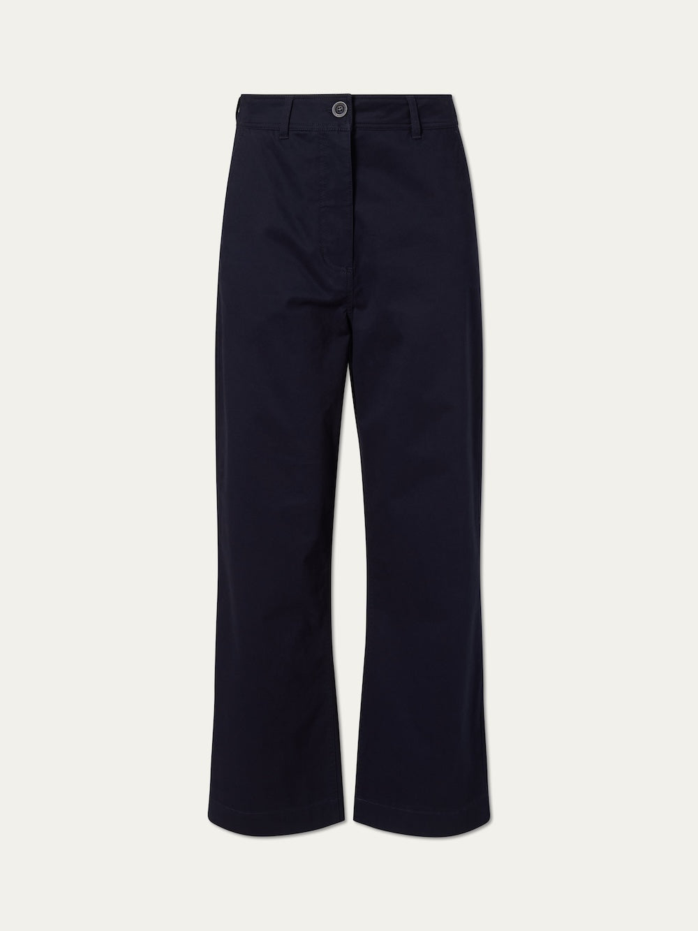 The We Norwegians Sol Pant Women features high-waisted, navy blue, straight-leg pants with button and zip closure, made from a comfy cotton blend, shown on a plain white background.