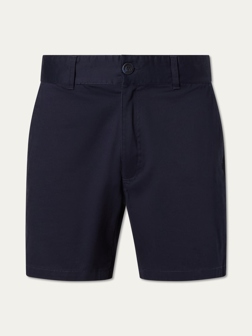The Sol Shorts Men by We Norwegians are navy blue tailored relaxed fit shorts with button and zip closure, belt loops, and side pockets. Perfect men’s summer shorts, shown on a plain white background.