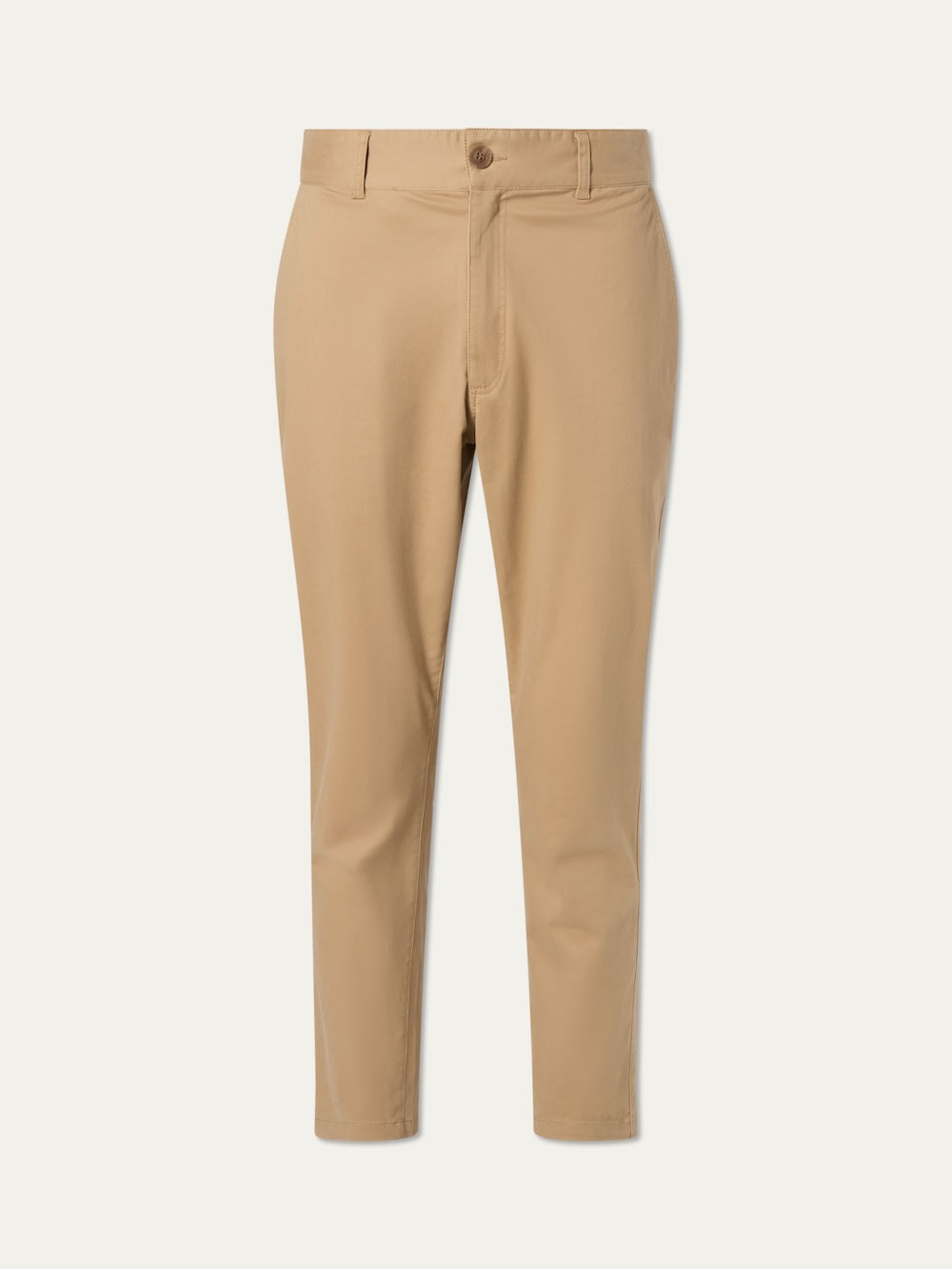The We Norwegians Sol Pant Men in beige features a tailored fit, button closure, front zipper, and side pockets, shown against a plain white background.