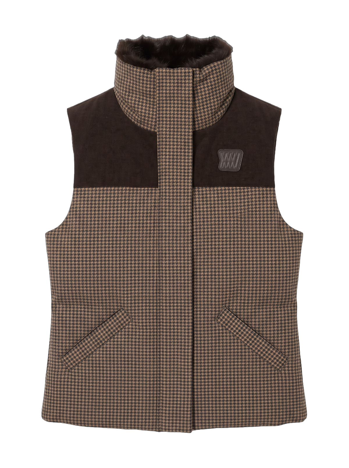 The Glenshee Vest Women by We Norwegians is a sleeveless brown and tan houndstooth vest featuring dark brown shoulder panels, a high collar inspired by classic English countryside style, two diagonal front pockets, and a small patch on the left chest.