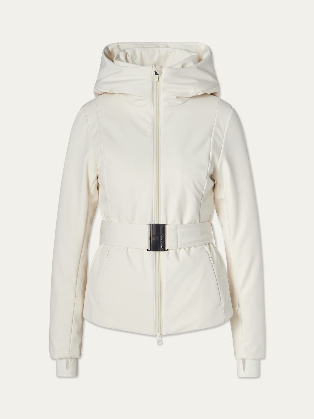 The Tyin Tailored Ski Jacket Women by We Norwegians is a white ski jacket with a front zipper, side pockets, and a matching waist belt with rectangular buckle, shown on a plain background.