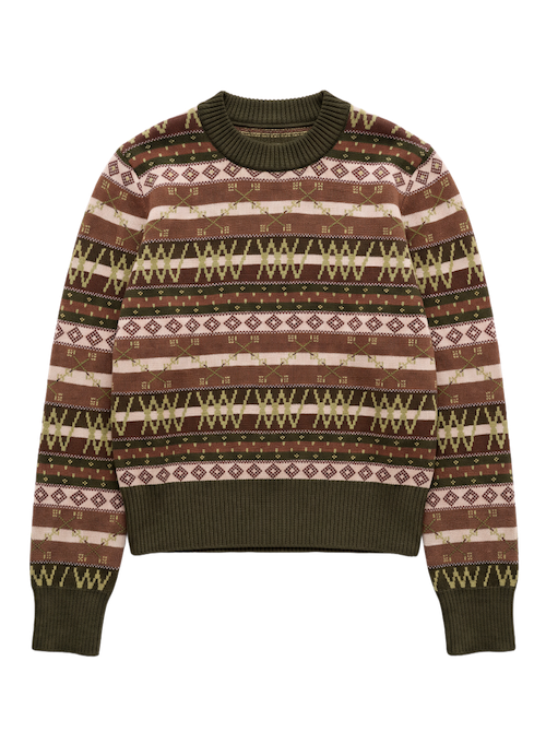 The Skye Sweater Women by We Norwegians is a merino wool knit featuring an intricate Fair Isle pattern in earthy shades of brown, green, pink, and beige with geometric shapes and lines. Finished with solid olive green ribbed cuffs, collar, and hem, this stylish sweater makes a cozy mid-layer for ski days.