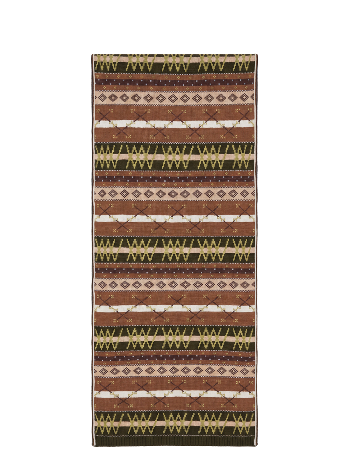 The Skye Scarf by We Norwegians features horizontal stripes in brown, tan, green, and cream, adorned with geometric diamond and zigzag patterns reminiscent of Fair Isle knitting. Its southwestern or tribal-inspired design echoes the timeless charm of Nordic scarves.