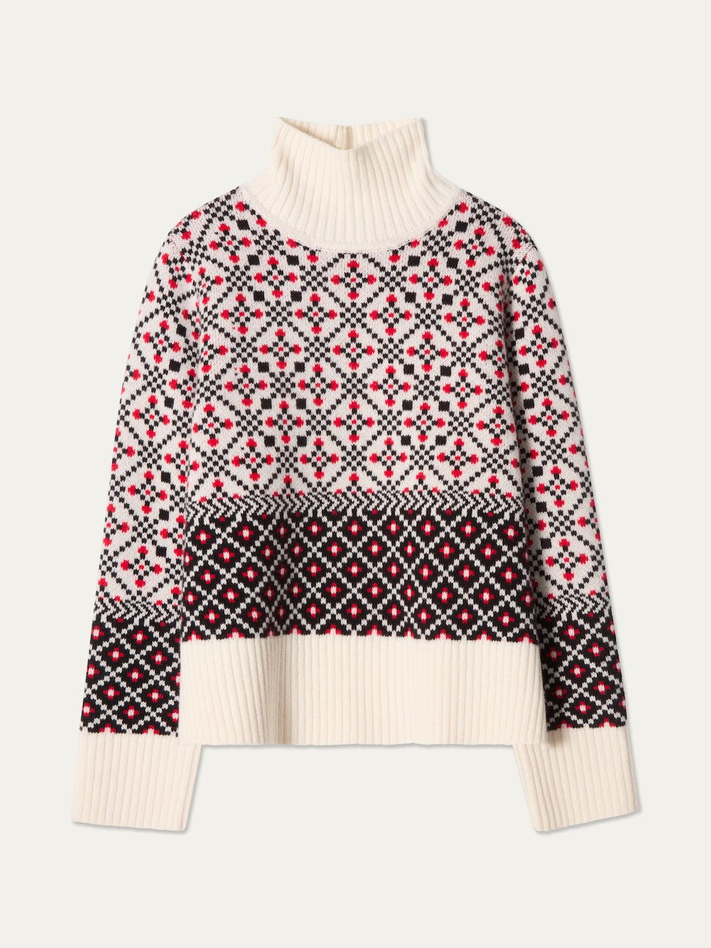 The We Norwegians Telemark Sweater Women is a cream turtleneck featuring classic Norwegian-inspired red, black, and cream geometric fair isle patterns across the upper chest, sleeves, and hem, finished with ribbed cuffs and hem for a timeless winter essential.