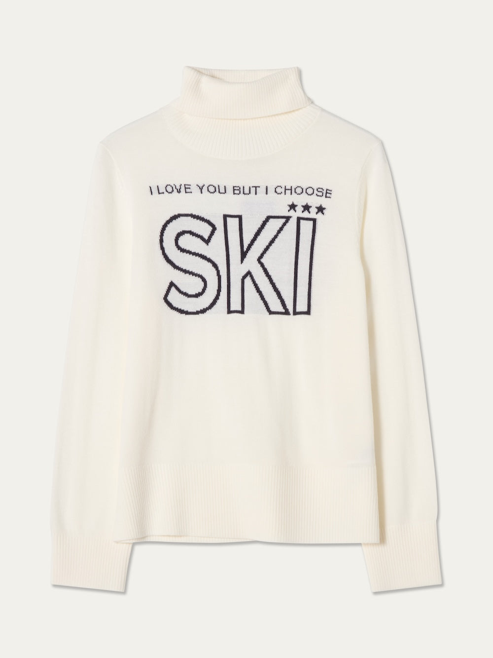 The Bibi Sweater Women by We Norwegians is a white turtleneck with ribbed cuffs and hem, inspired by retro ski fashion. It features black text on the front that reads, “I LOVE YOU BUT I CHOOSE SKI,” with three stars above the word “SKI.”.
