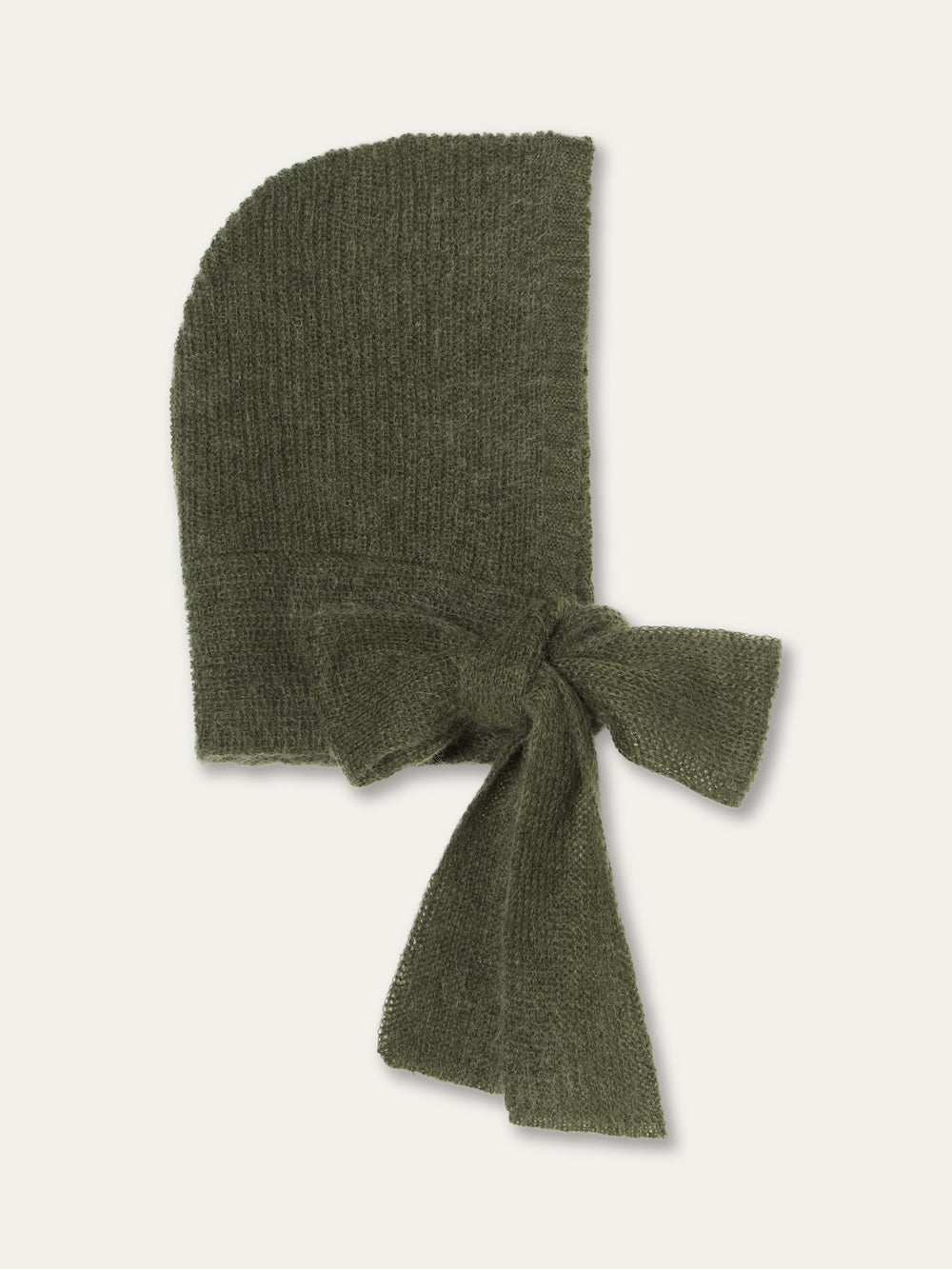 Olive green mohair Pudder Balaclava with a side tie closure, a cosy winter accessory.