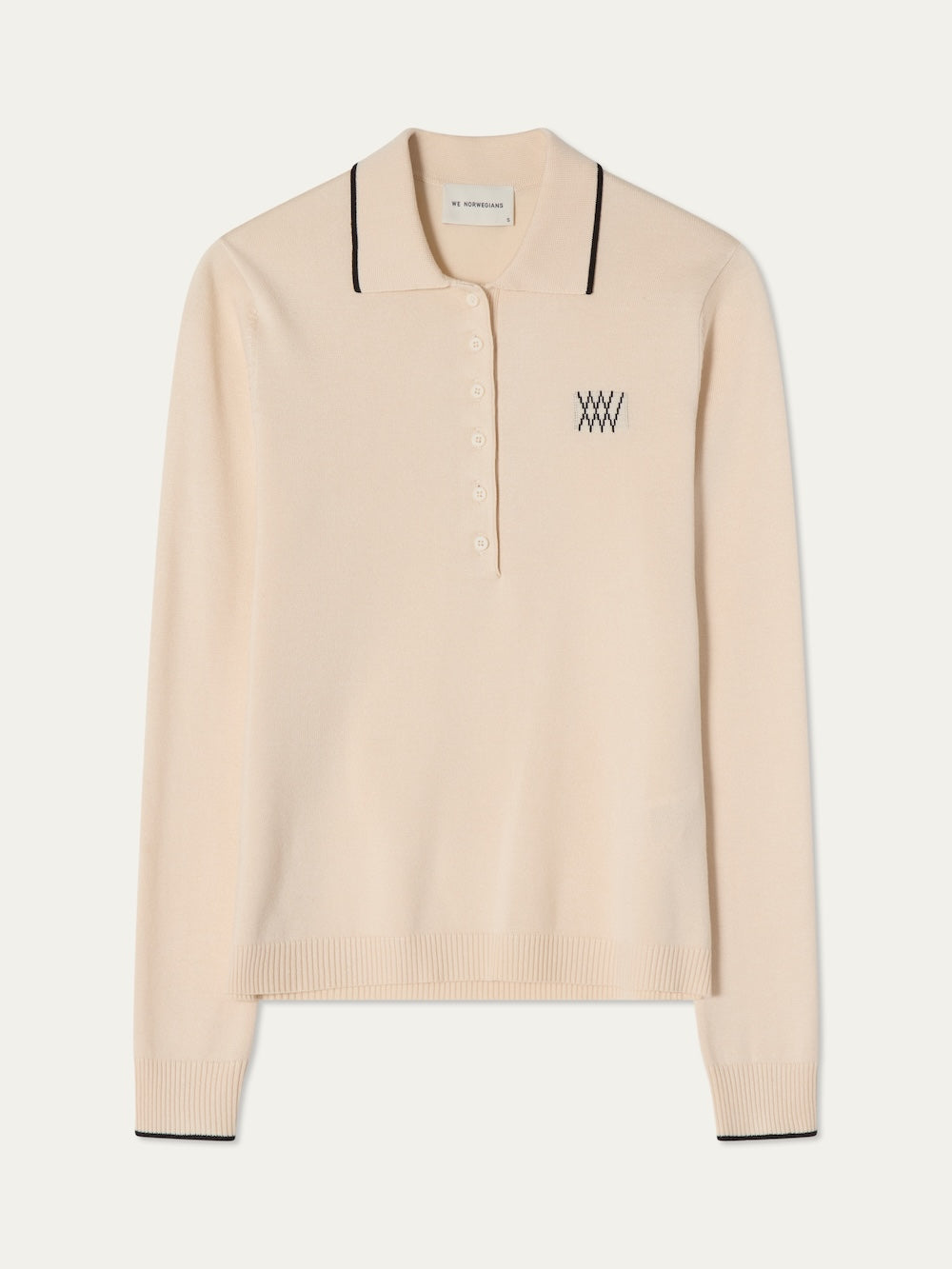 Beige long sleeved polo with black details on an off white background