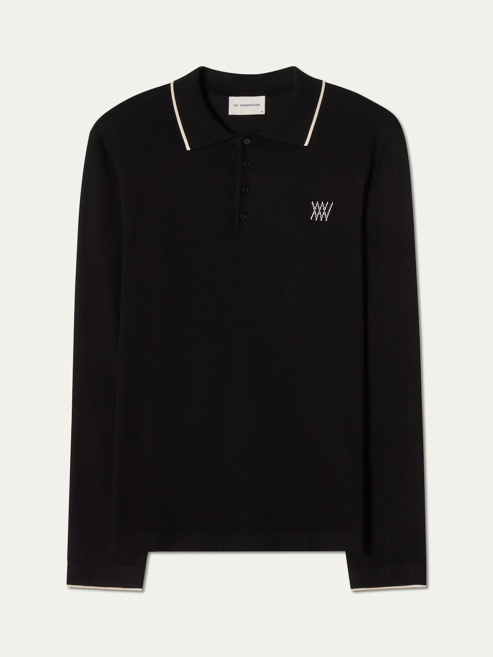 Black long-sleeve polo shirt with a logo on an off white background