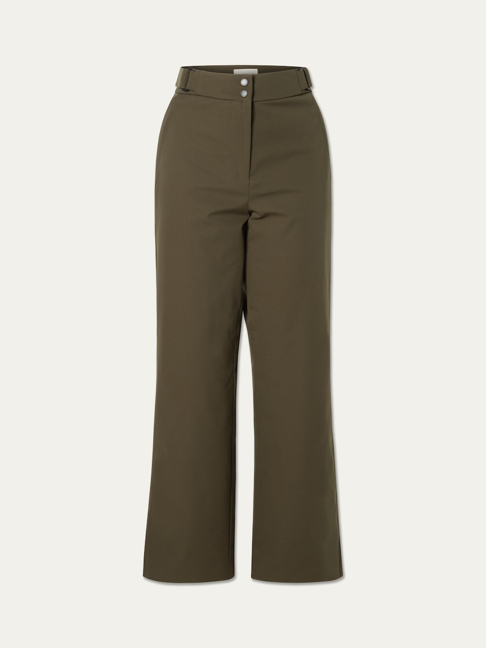 The We Norwegians Finse Ski Pant Women in olive green features a high waist, wide legs, front zipper, and two silver buttons at the waistband, shown against a plain off-white background.