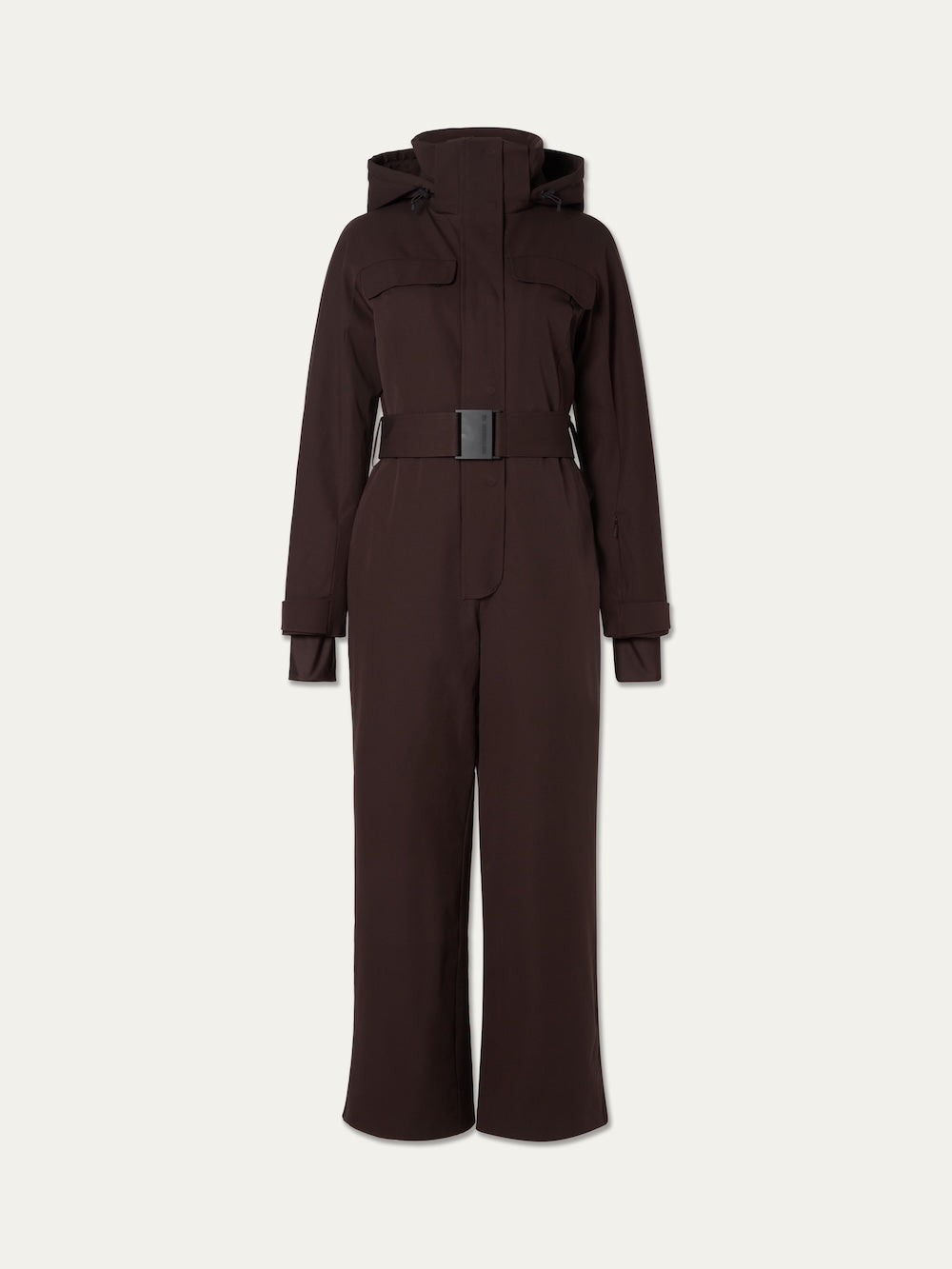 Dark brown We Norwegians Finse Ski Suit Women one-piece ski suit with a hood, a belted waist, and chest pockets.