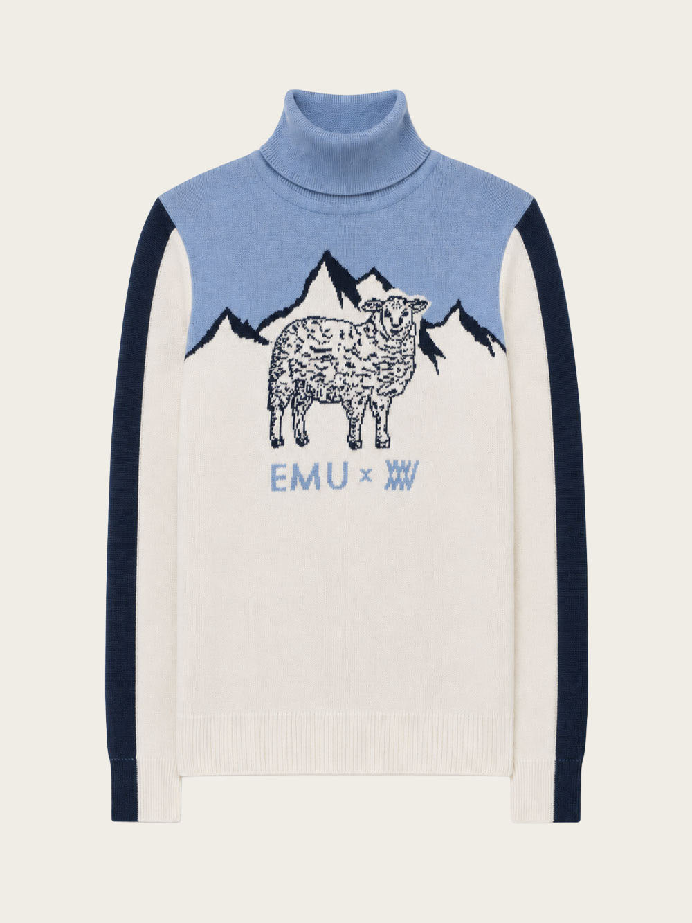 Introducing the EMU x WN Ski Sweater Women by We Norwegians—a cozy merino wool après-ski sweater featuring a blue turtleneck and sleeves, a playful sheep graphic with mountains in the background, and “EMU x W” text on the front from the EMU x WN collaboration.