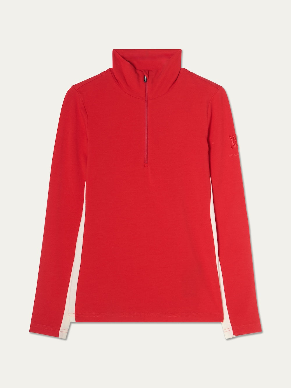 Red We Norwegians Voss ZipUp Women merino wool base layer with a high neck, long sleeves, and white side panels.