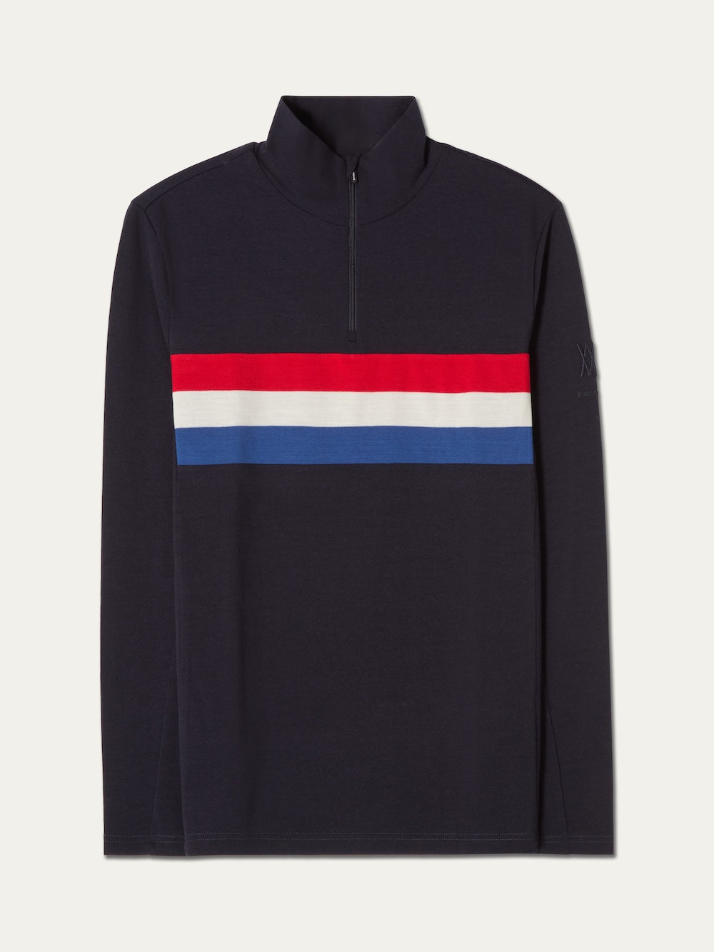 The We Norwegians Ski ZipUp Men shirt is a navy, long-sleeve quarter-zip featuring a stand-up collar and horizontal red, white, and blue stripes across the chest, inspired by retro ski wear.