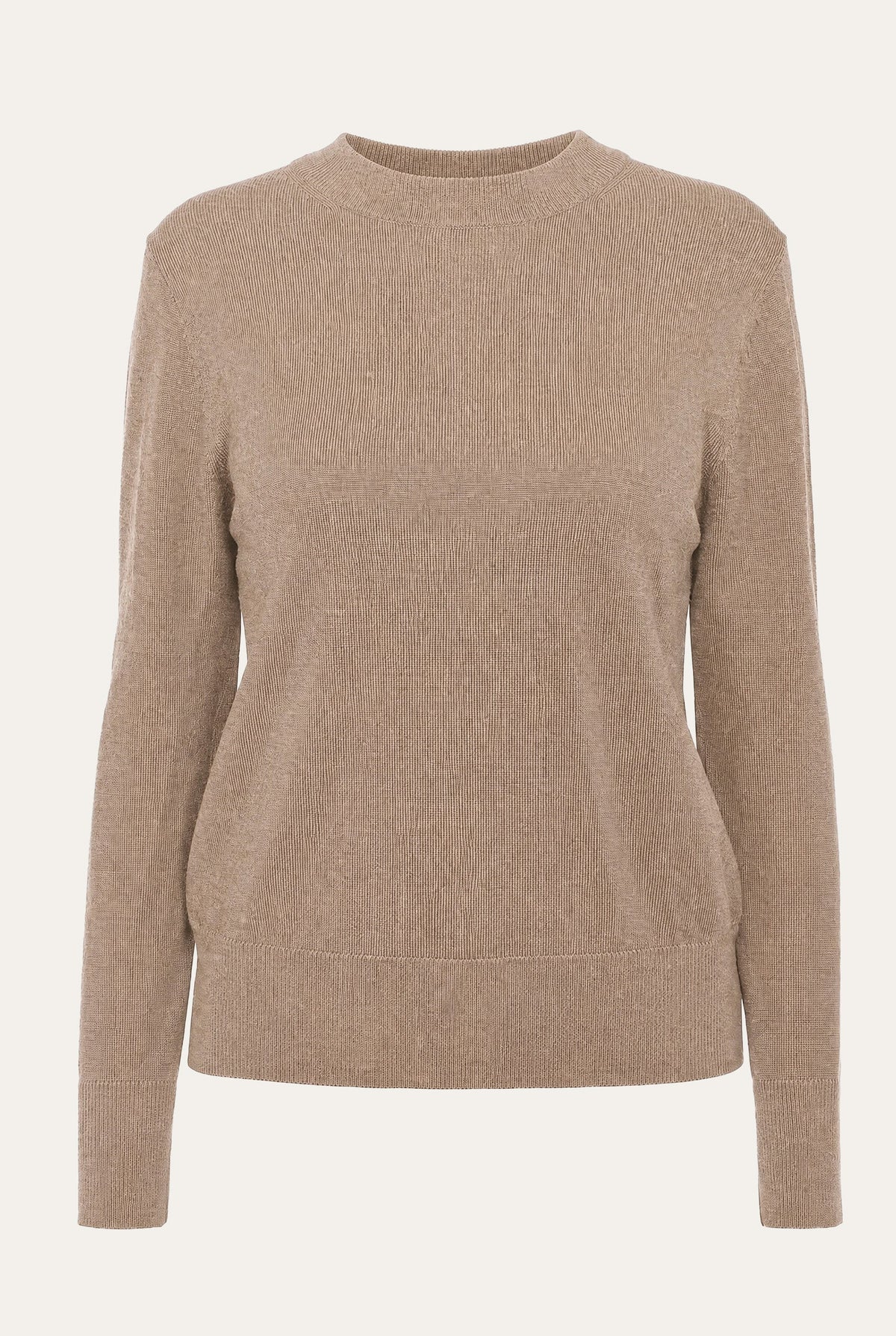 The Geilo Crewneck Women by We Norwegians is a beige long-sleeve sweater crafted from soft knit fabric, showcased against a plain light background.