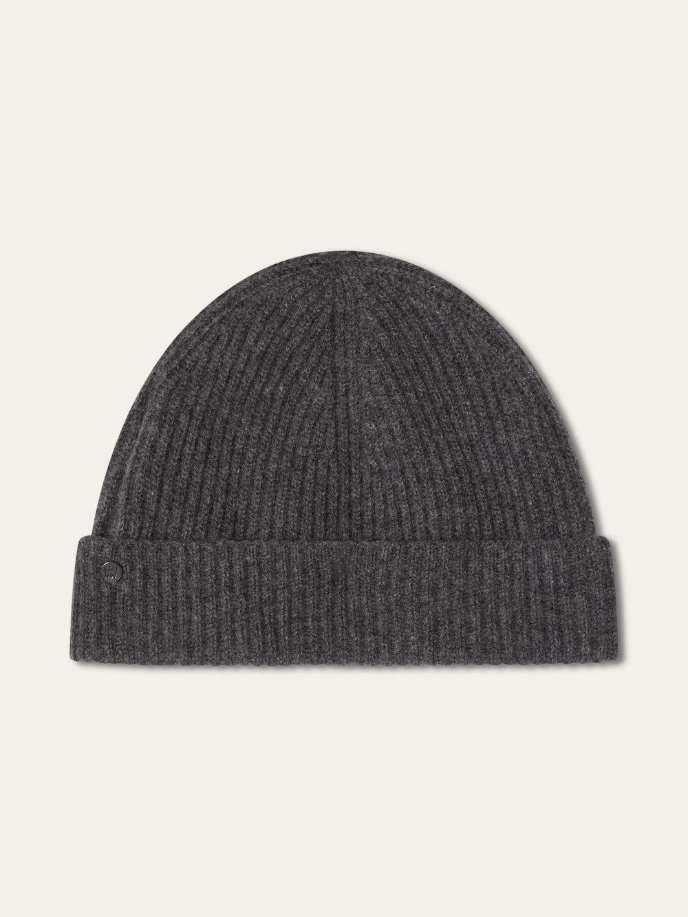 The Blefjell Hat For All by We Norwegians is a pure cashmere, dark gray ribbed knit beanie with a folded brim, shown laid flat on a light background.