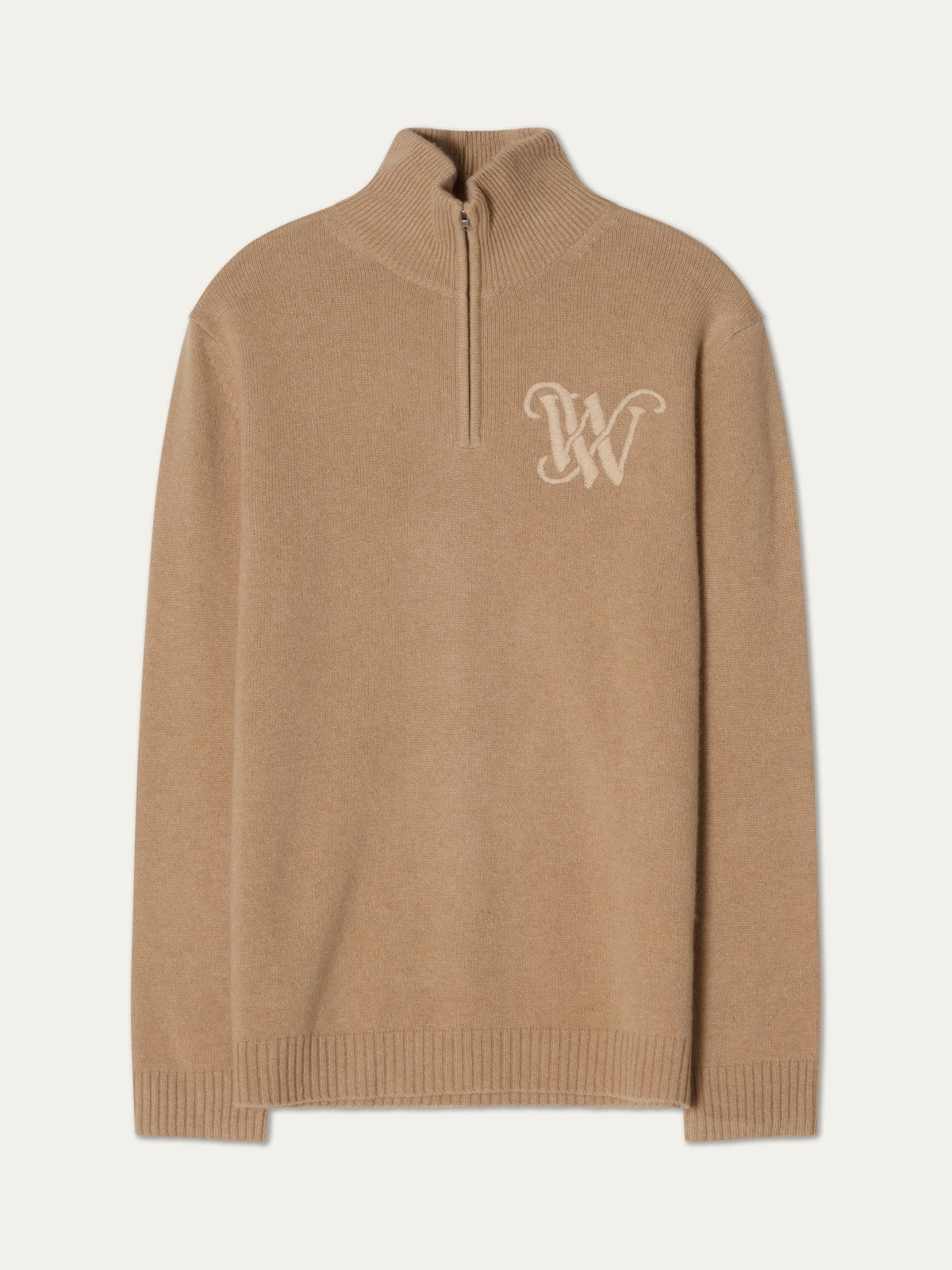 Tan We Norwegians Monogram Cashmere Sweater Men 1/4-zip featuring an embroidered monogram on the chest.