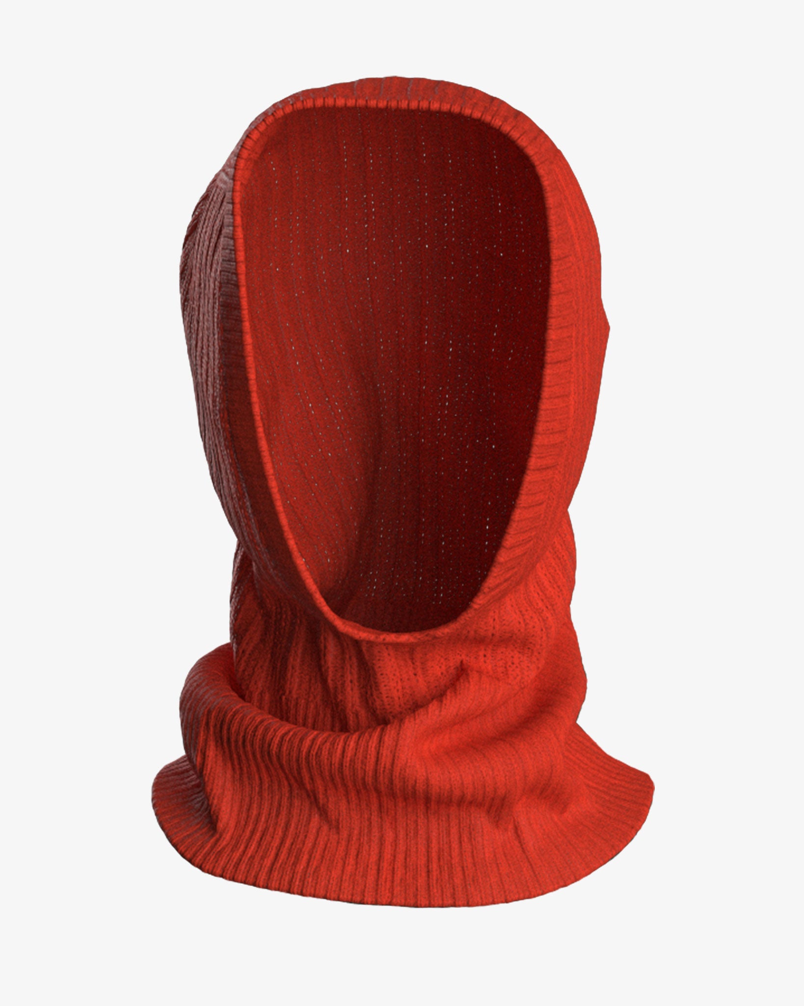 A red Blefjell Balaclava for women from We Norwegians, featuring a knitted open face design with a ribbed texture that mimics the 1/2 cardigan stitch pattern. Displayed upright against a white background, it combines style and functionality seamlessly.