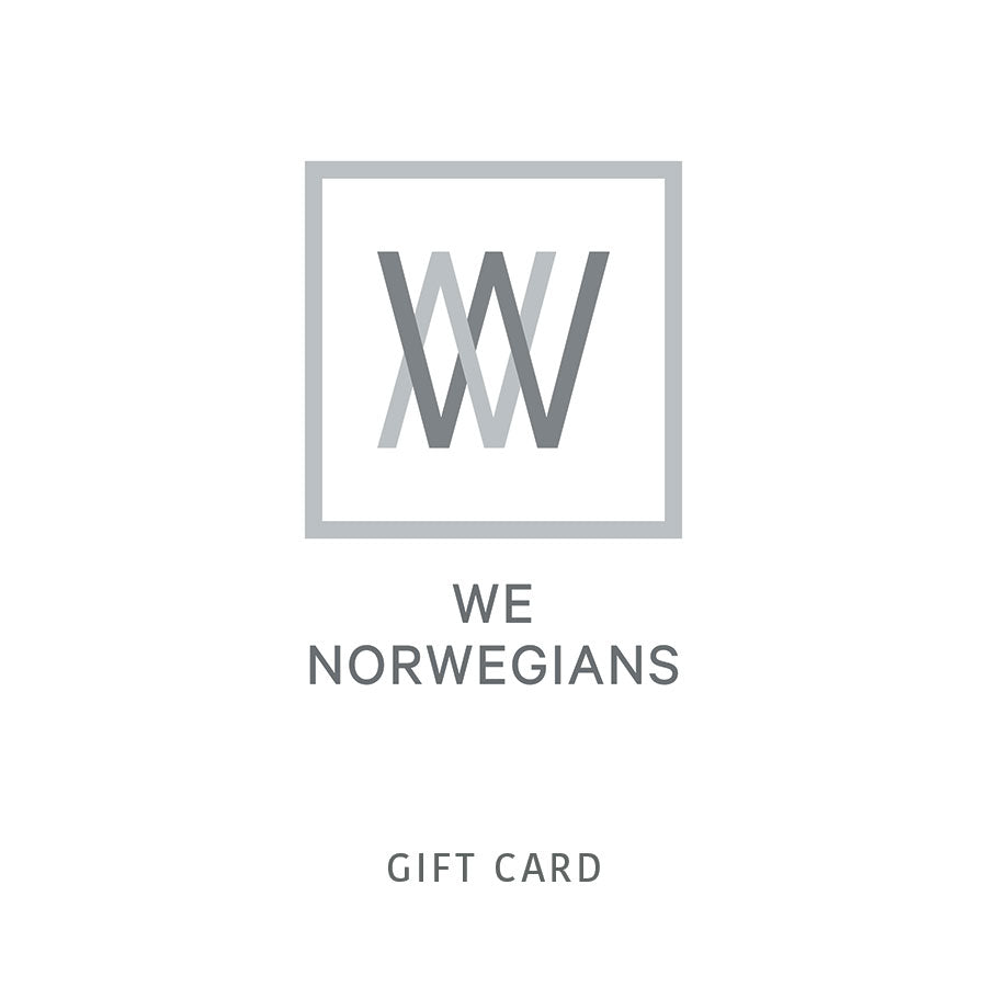 The We Norwegians Gift Card features a minimalist design with a gray square border enclosing a stylized "W" logo. Below the logo, the text reads "WE NORWEGIANS." At the bottom, in smaller font, are the words "GIFT CARD - NEVER EXPIRES" on a white background.