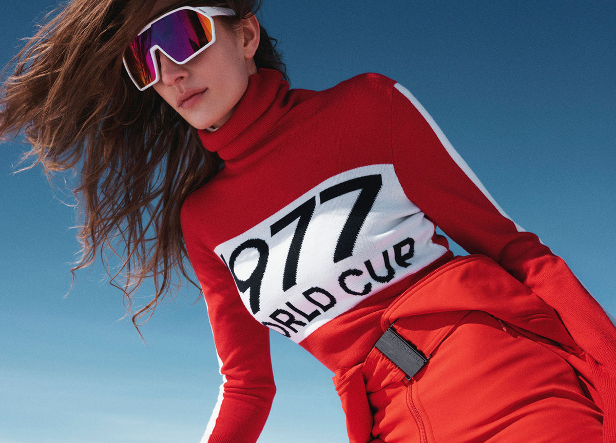 We Norwegians | FW25 | Woman wearing the 1977 World Cup Sweater in Red