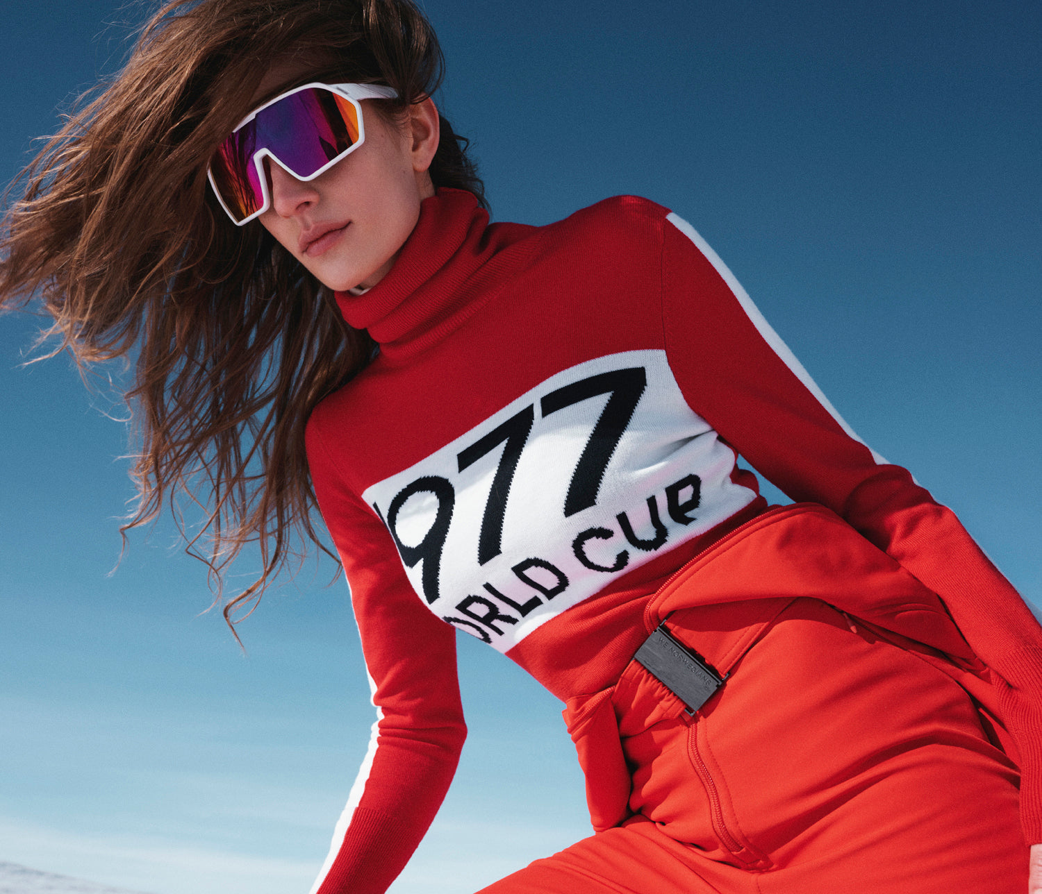 We Norwegians | FW25 | Woman wearing the 1977 World Cup Sweater in Red